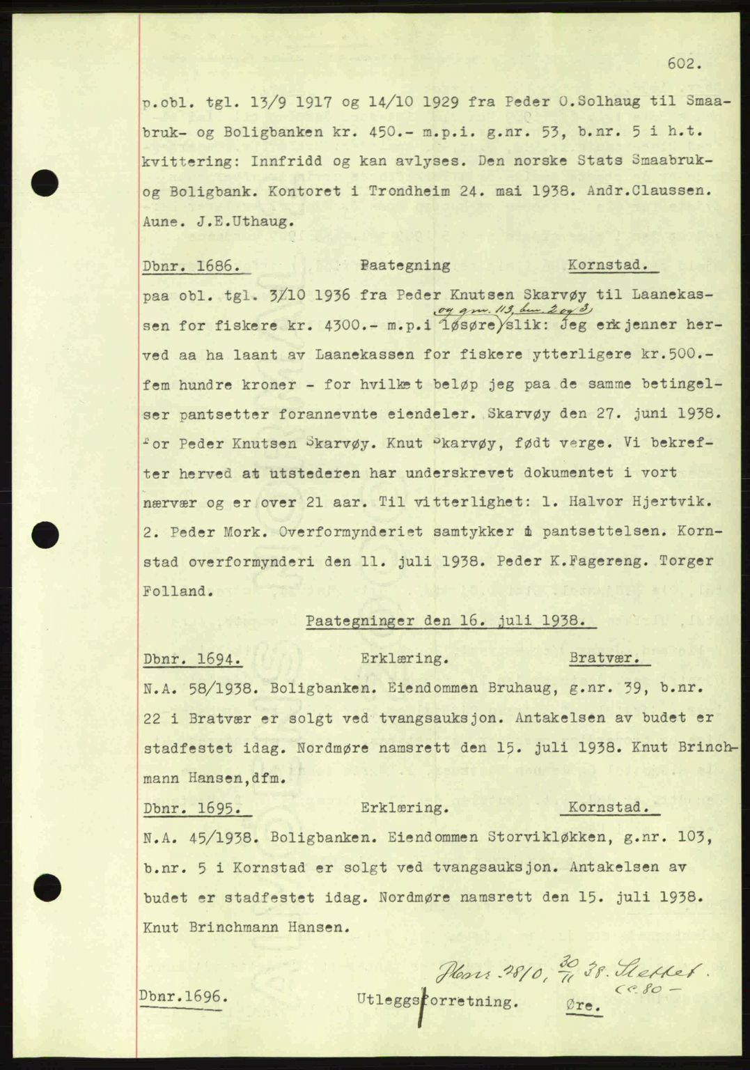 Nordmøre sorenskriveri, AV/SAT-A-4132/1/2/2Ca: Mortgage book no. C80, 1936-1939, Diary no: : 1686/1938