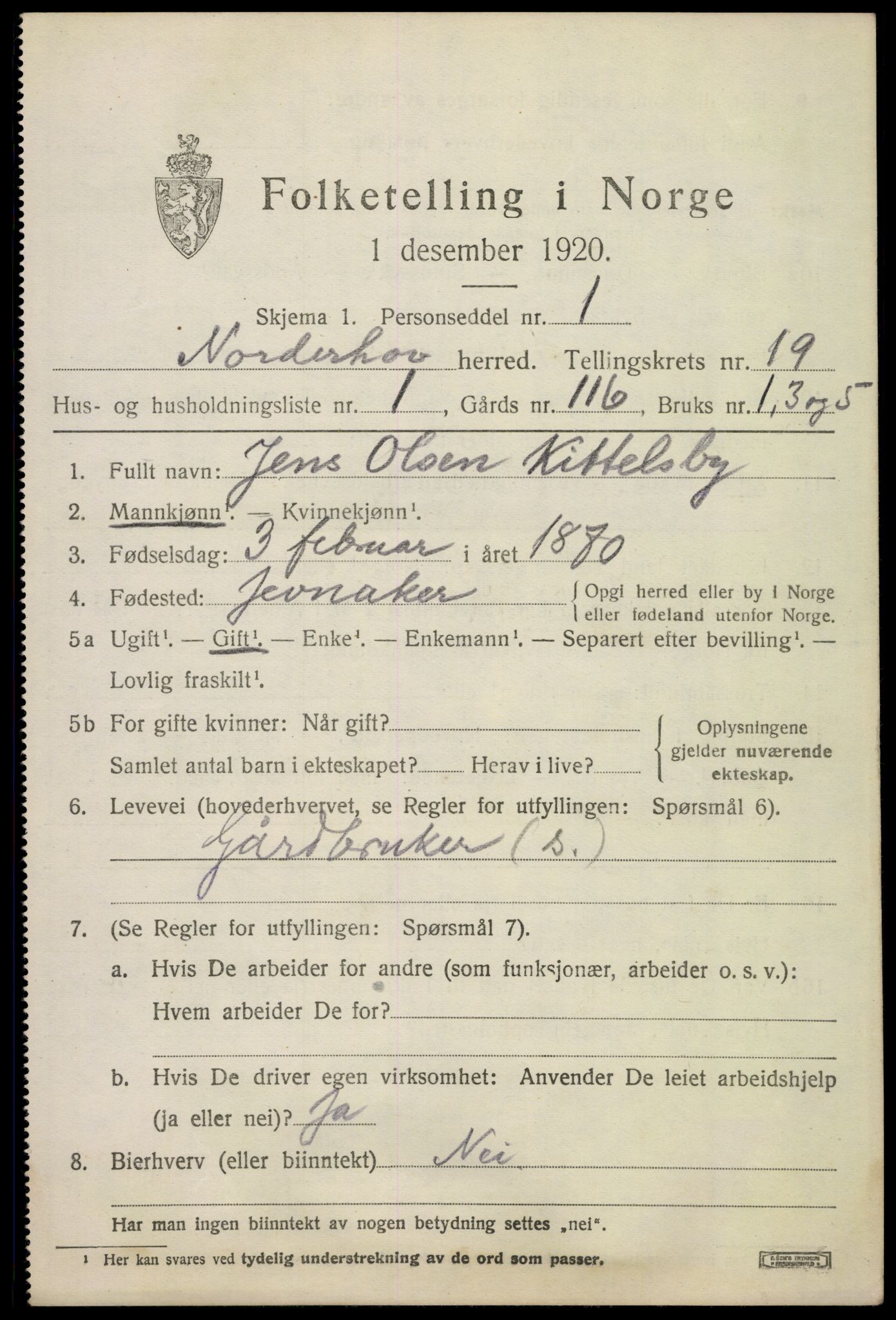 SAKO, 1920 census for Norderhov, 1920, p. 20304