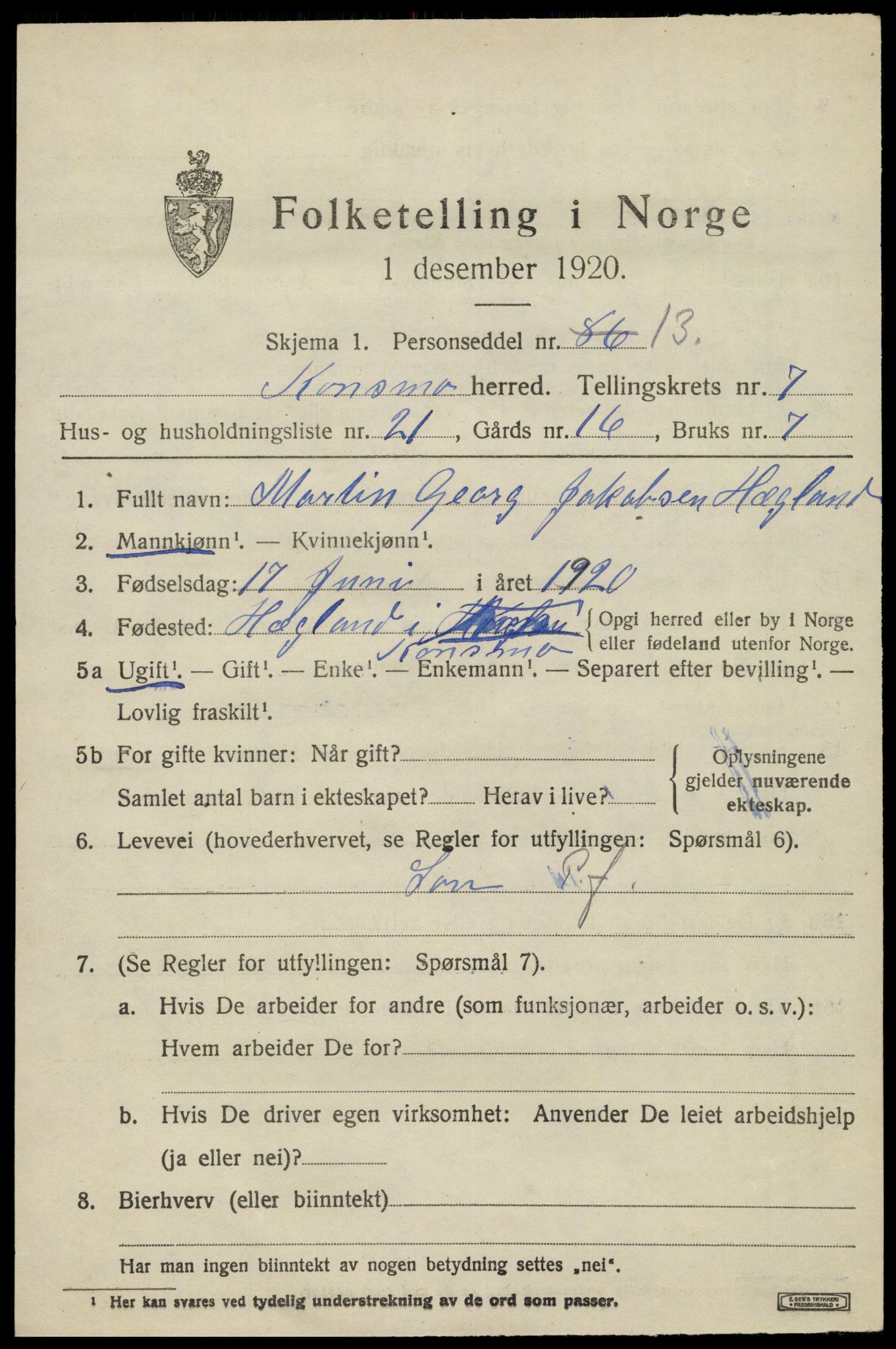 SAK, 1920 census for Konsmo, 1920, p. 1632