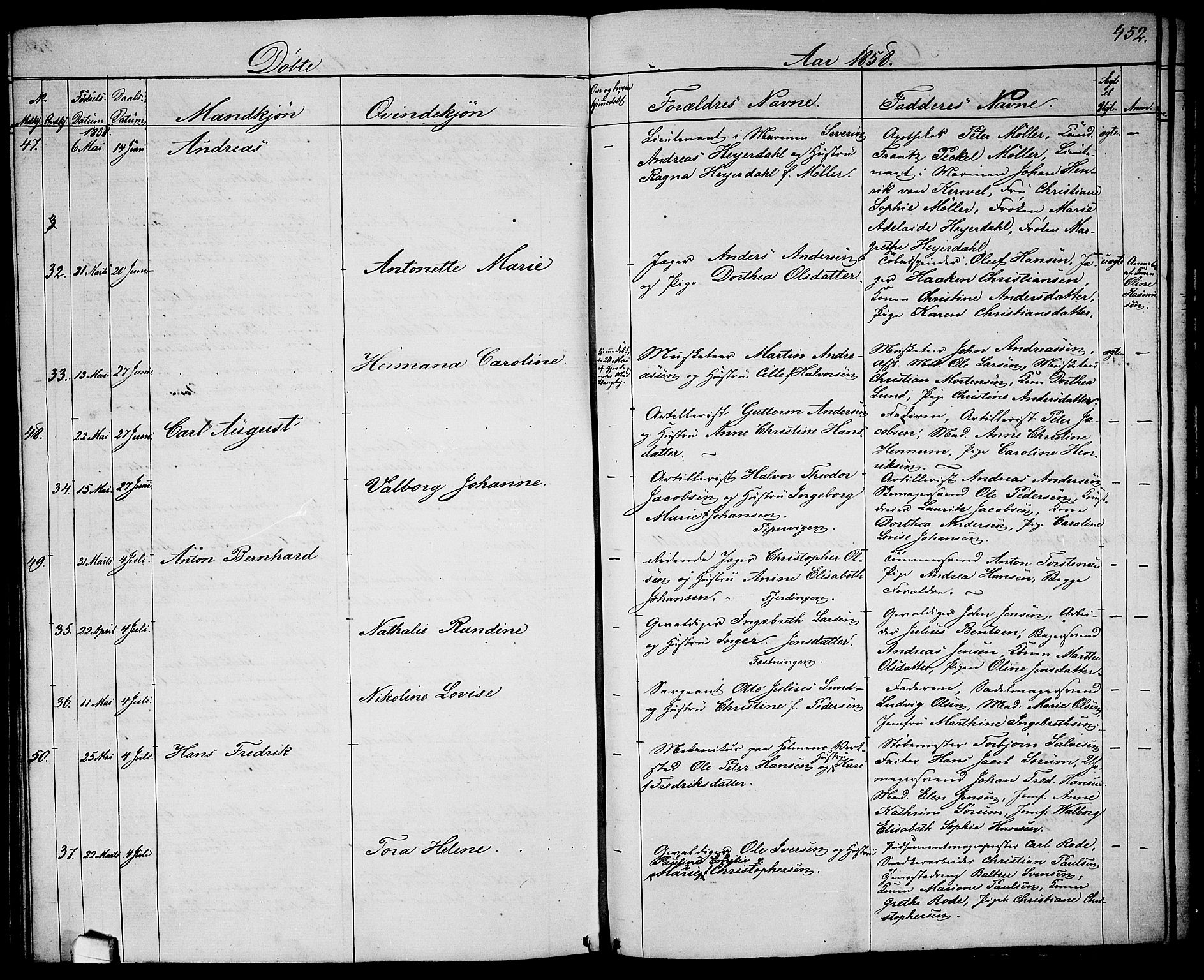Garnisonsmenigheten Kirkebøker, SAO/A-10846/G/Ga/L0005: Parish register (copy) no. 5, 1841-1860, p. 452