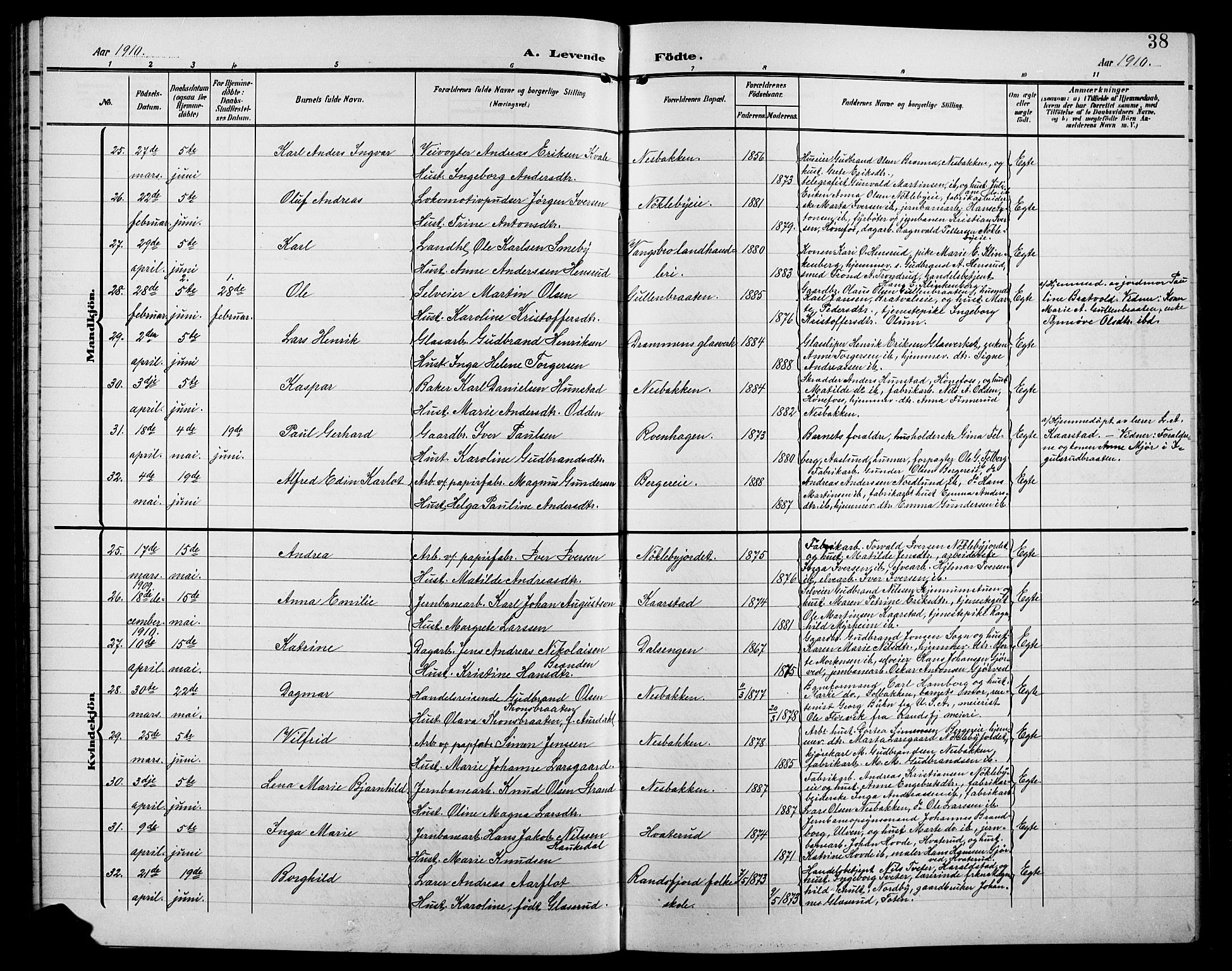 Jevnaker prestekontor, AV/SAH-PREST-116/H/Ha/Hab/L0004: Parish register (copy) no. 4, 1907-1918, p. 38