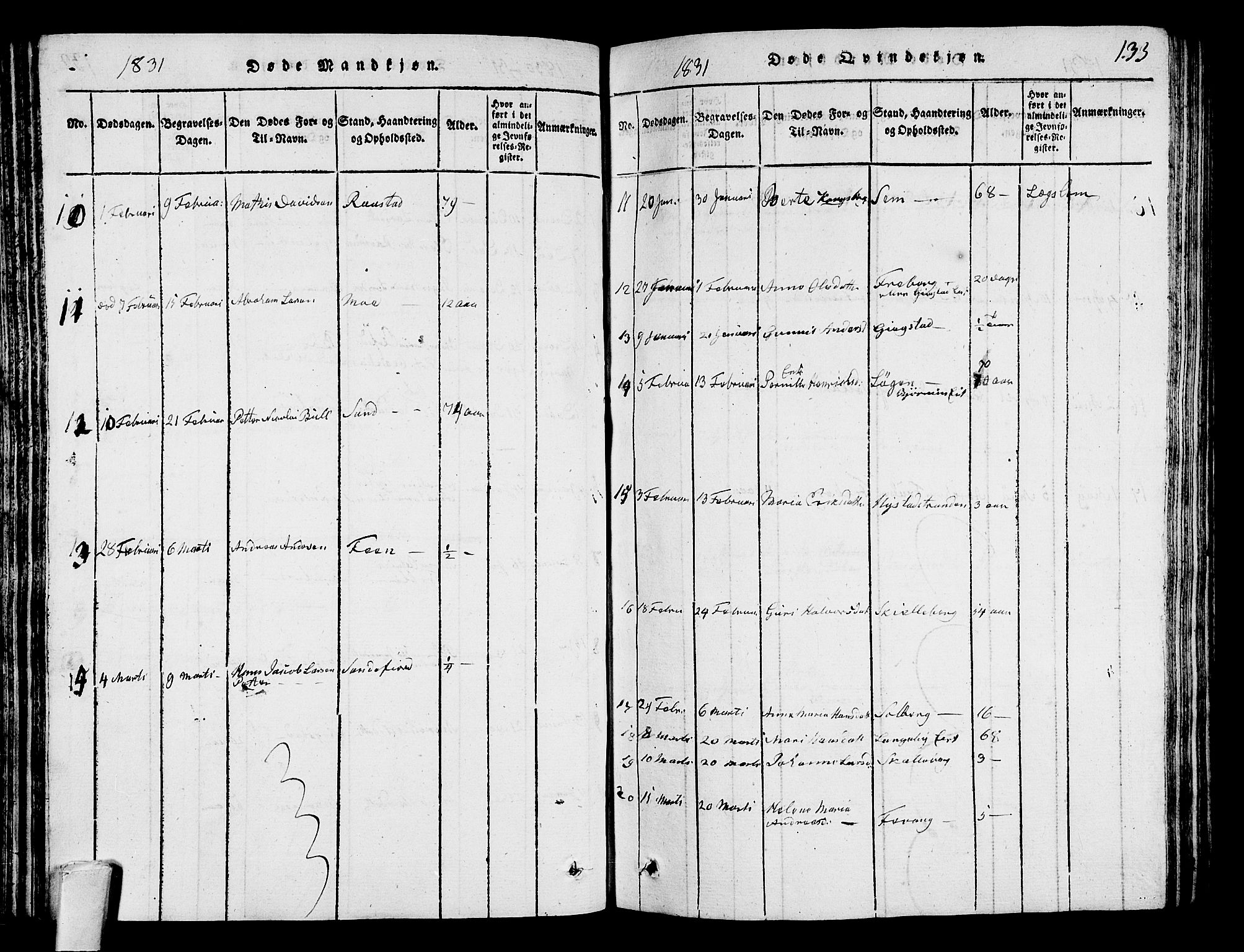 Sandar kirkebøker, AV/SAKO-A-243/G/Ga/L0001: Parish register (copy) no. 1, 1814-1835, p. 133