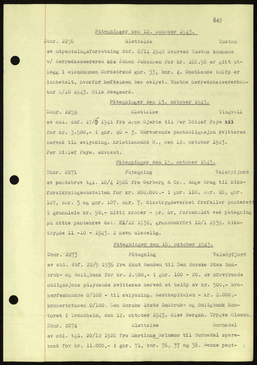 Nordmøre sorenskriveri, AV/SAT-A-4132/1/2/2Ca: Mortgage book no. C81, 1940-1945, Diary no: : 2256/1943