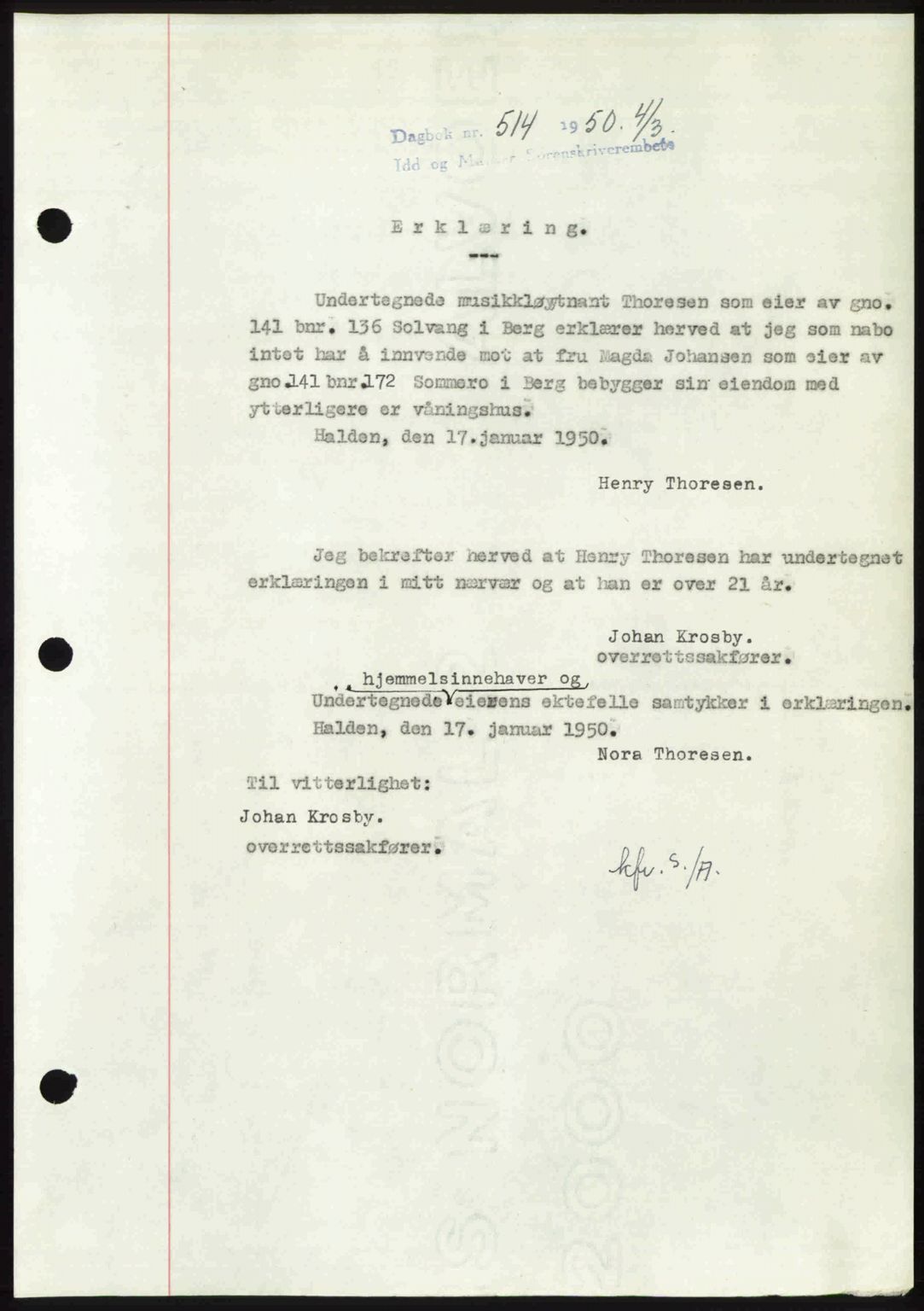 Idd og Marker sorenskriveri, AV/SAO-A-10283/G/Gb/Gbb/L0014: Mortgage book no. A14, 1950-1950, Diary no: : 514/1950