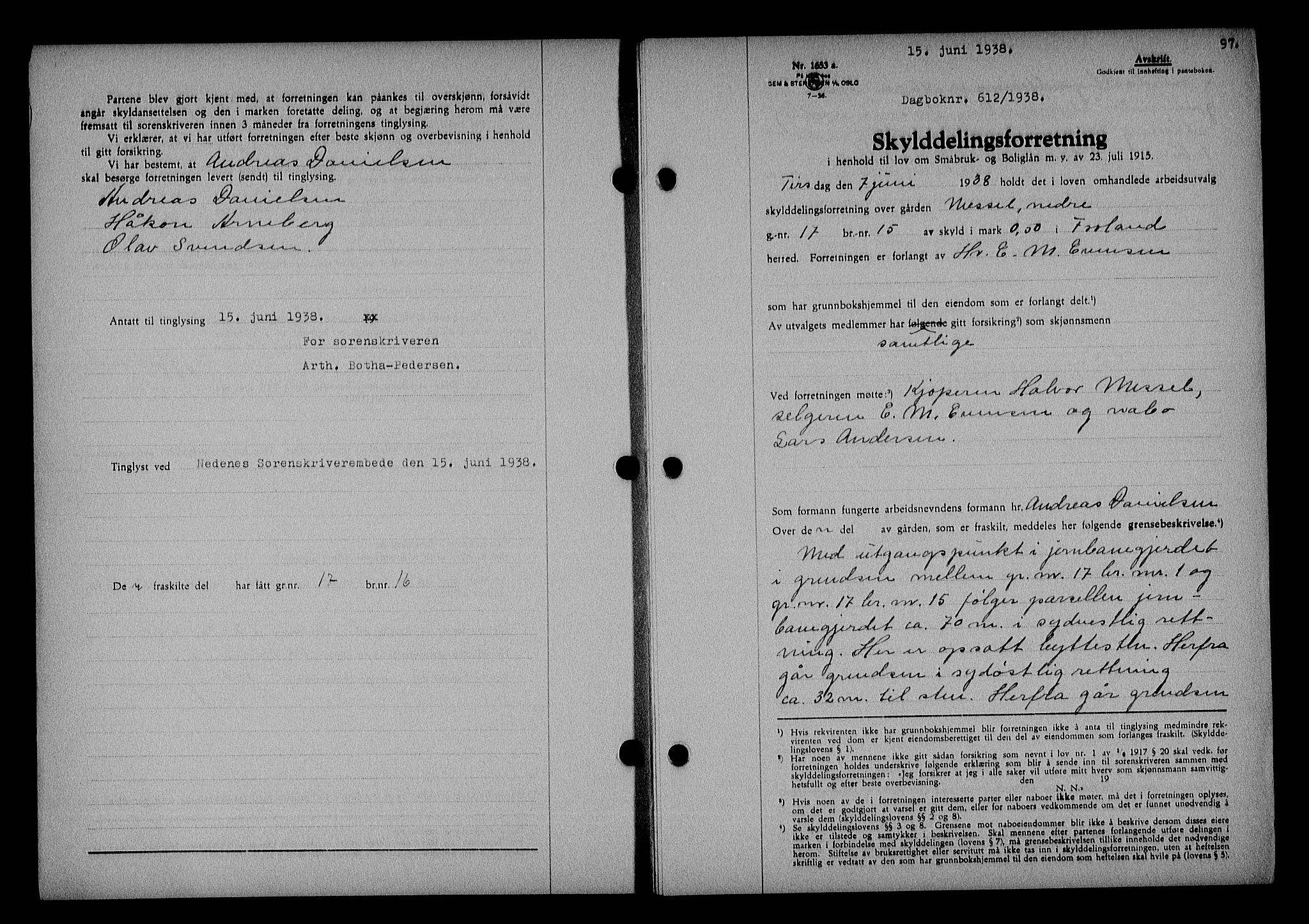 Nedenes sorenskriveri, AV/SAK-1221-0006/G/Gb/Gba/L0045: Mortgage book no. 41, 1938-1938, Diary no: : 612/1938