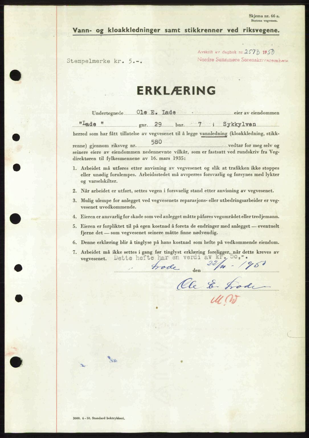 Nordre Sunnmøre sorenskriveri, SAT/A-0006/1/2/2C/2Ca: Mortgage book no. A36, 1950-1950, Diary no: : 2573/1950