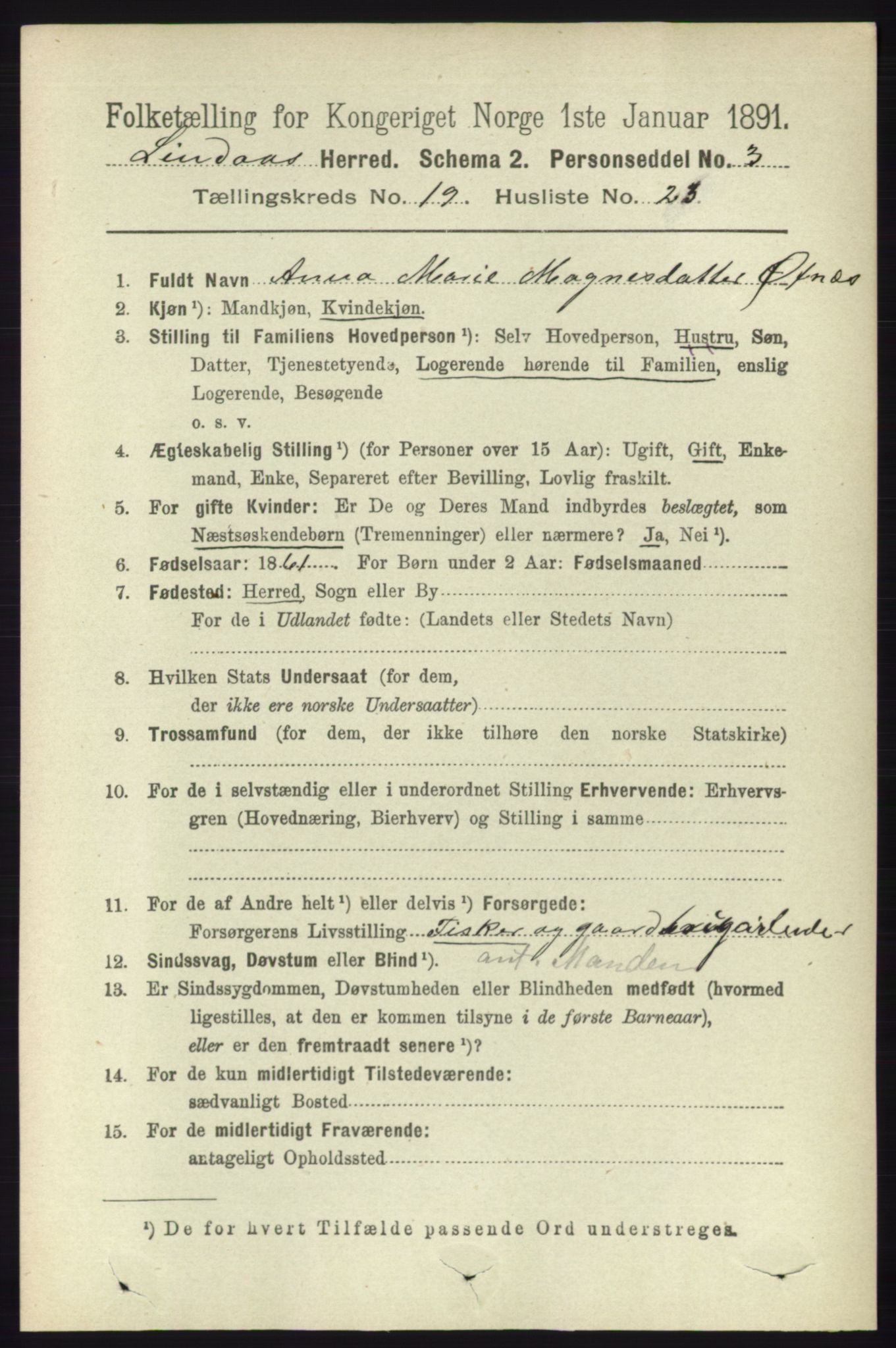RA, 1891 census for 1263 Lindås, 1891, p. 7077