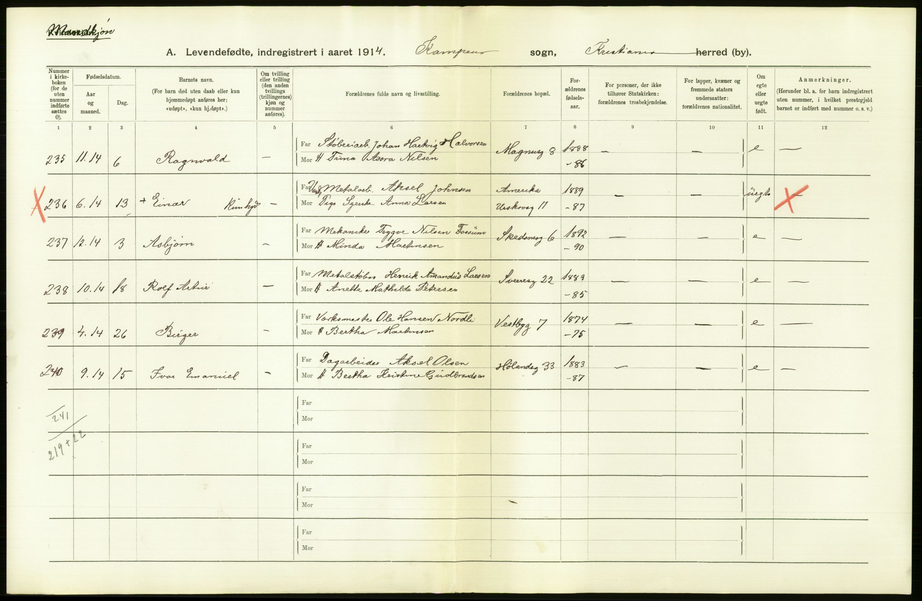 Statistisk sentralbyrå, Sosiodemografiske emner, Befolkning, AV/RA-S-2228/D/Df/Dfb/Dfbe/L0007: Kristiania: Levendefødte menn og kvinner., 1915, p. 722