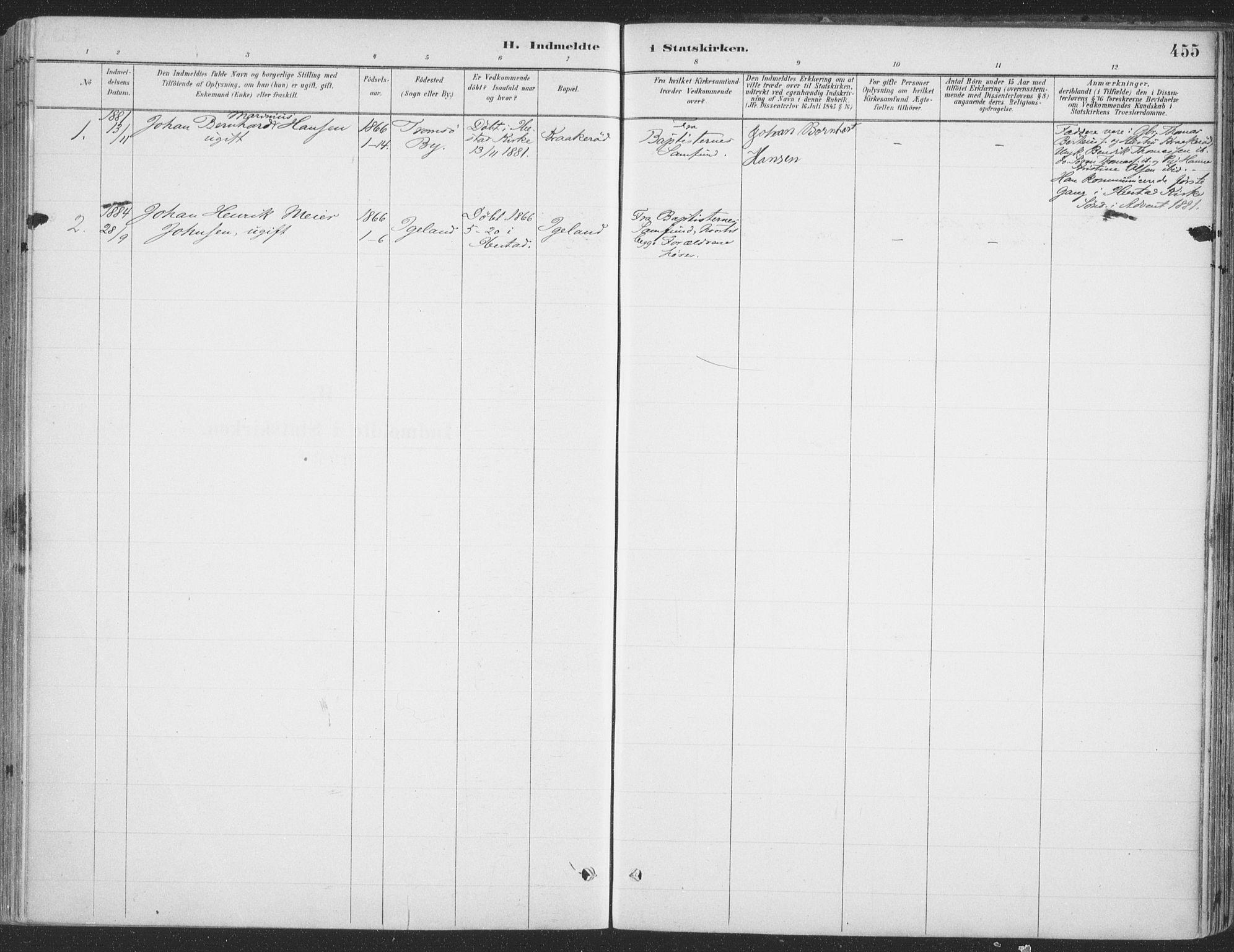 Ibestad sokneprestembete, SATØ/S-0077/H/Ha/Haa/L0011kirke: Parish register (official) no. 11, 1880-1889, p. 455