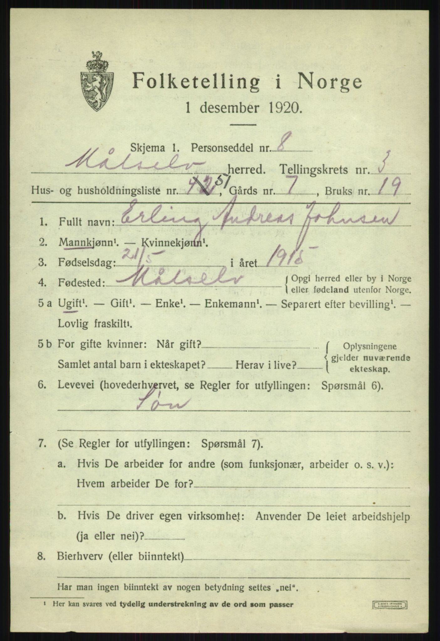 SATØ, 1920 census for Målselv, 1920, p. 2805