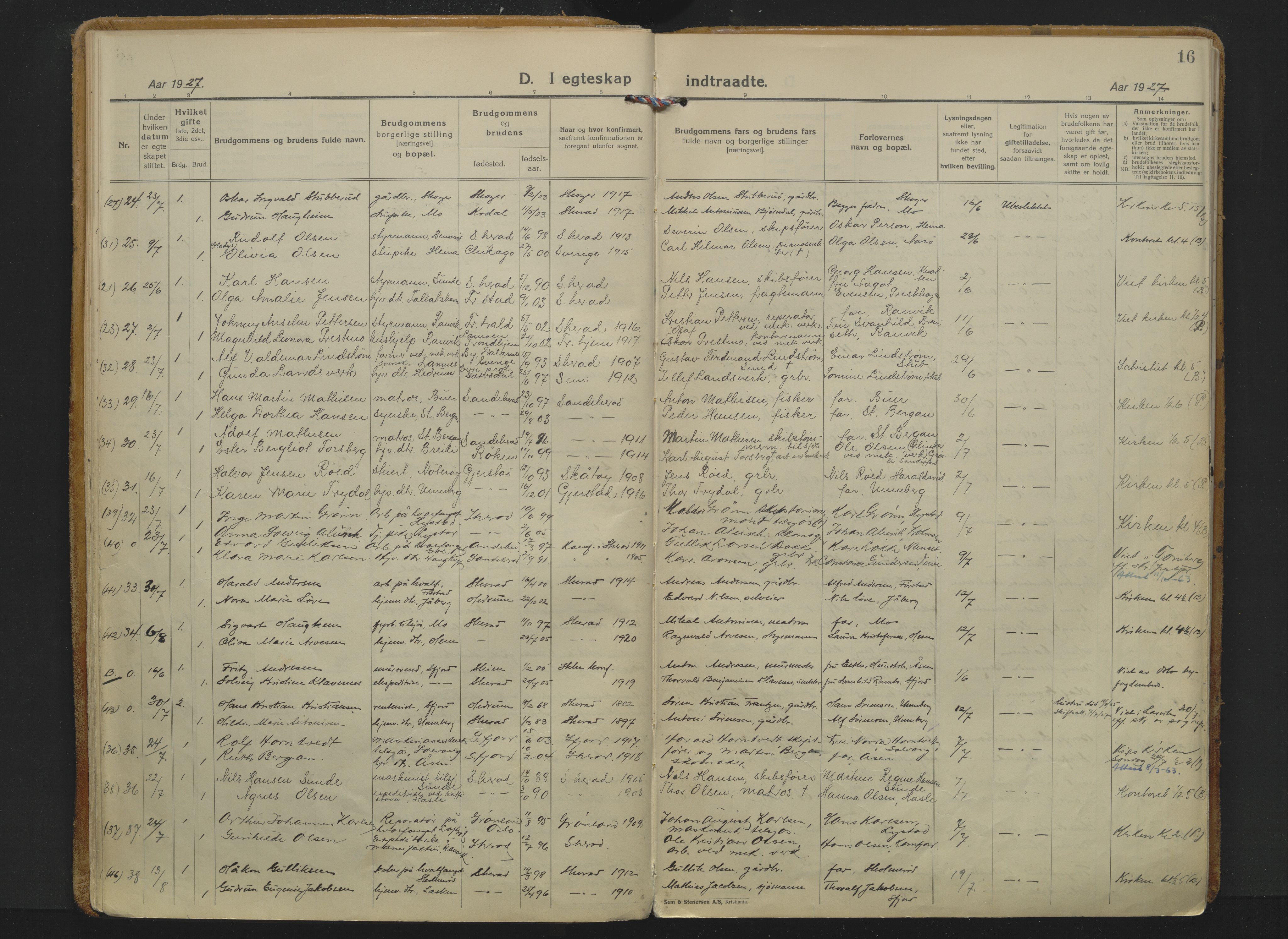 Sandar kirkebøker, SAKO/A-243/F/Fa/L0023: Parish register (official) no. 23, 1924-1932, p. 16