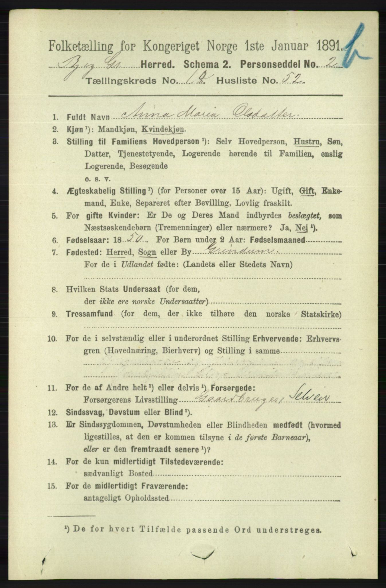 RA, 1891 census for 1024 Bjelland og Grindheim, 1891, p. 1065