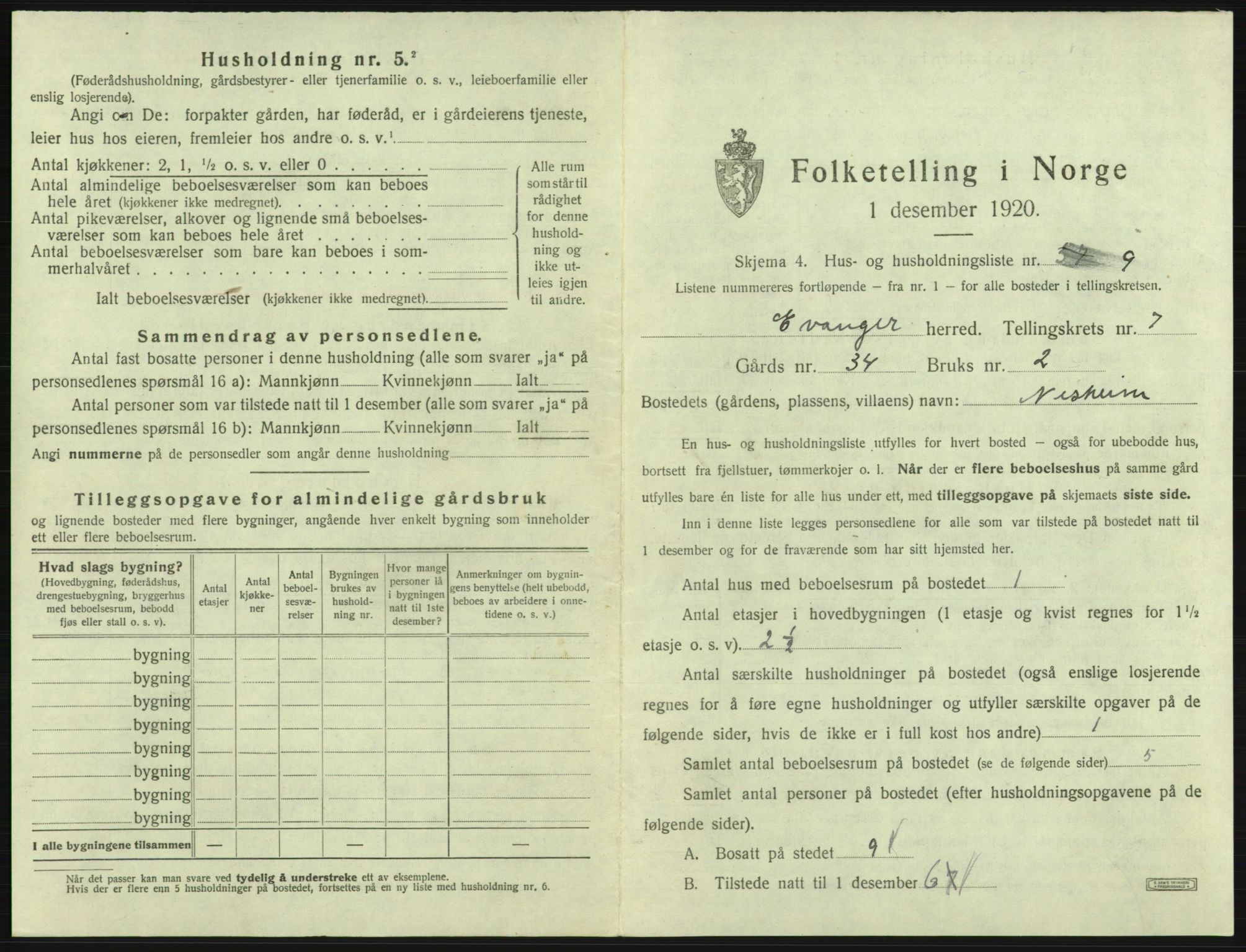 SAB, 1920 census for Evanger, 1920, p. 357