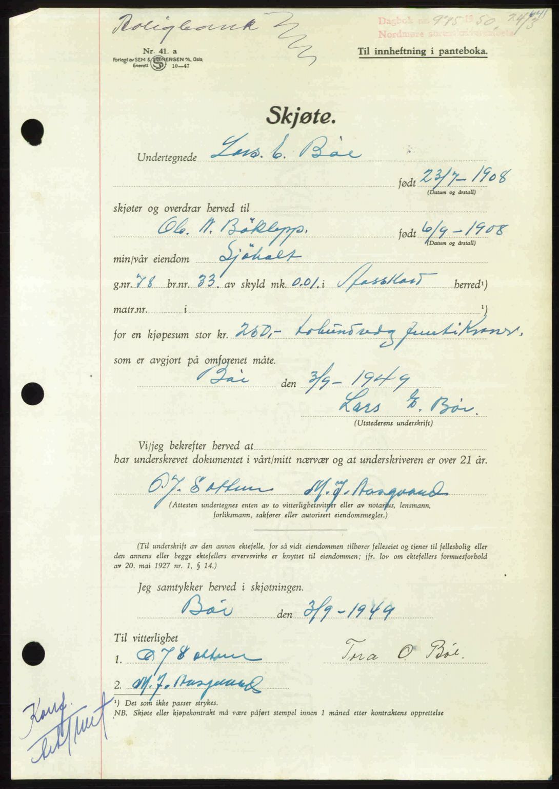 Nordmøre sorenskriveri, AV/SAT-A-4132/1/2/2Ca: Mortgage book no. A114, 1950-1950, Diary no: : 975/1950