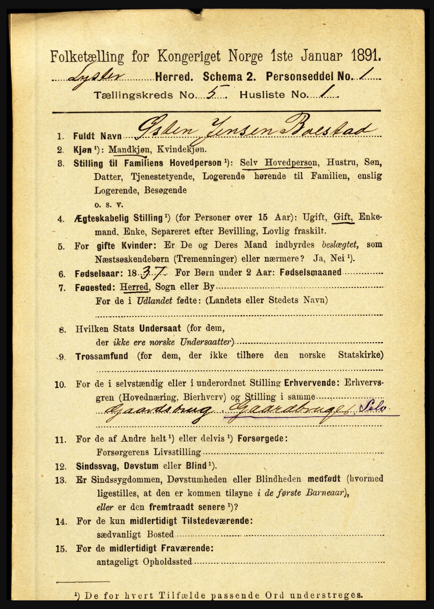 RA, 1891 census for 1426 Luster, 1891, p. 1590