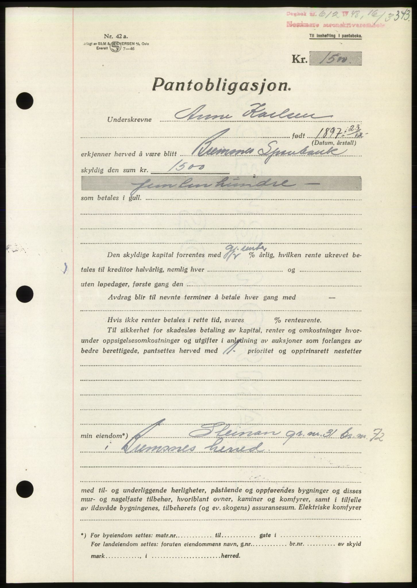 Nordmøre sorenskriveri, AV/SAT-A-4132/1/2/2Ca: Mortgage book no. B98, 1948-1948, Diary no: : 612/1948