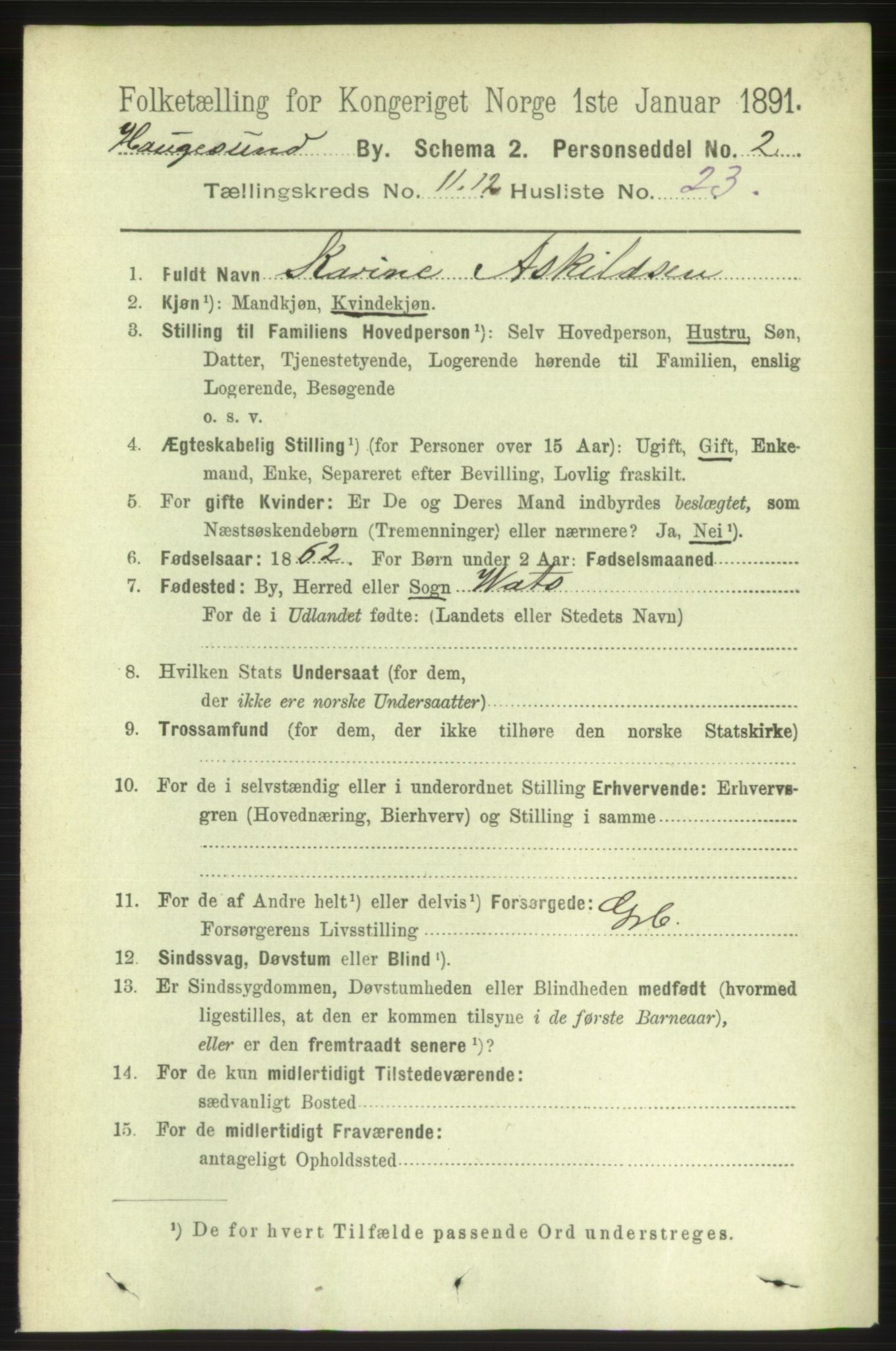 RA, 1891 census for 1106 Haugesund, 1891, p. 4237