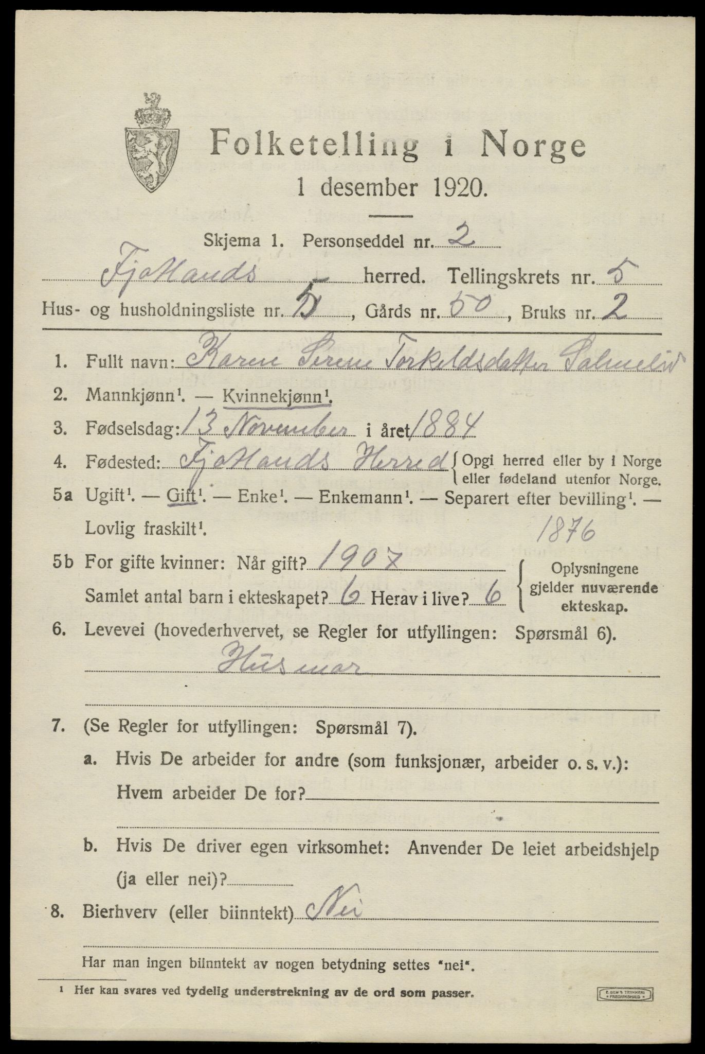 SAK, 1920 census for Fjotland, 1920, p. 1574