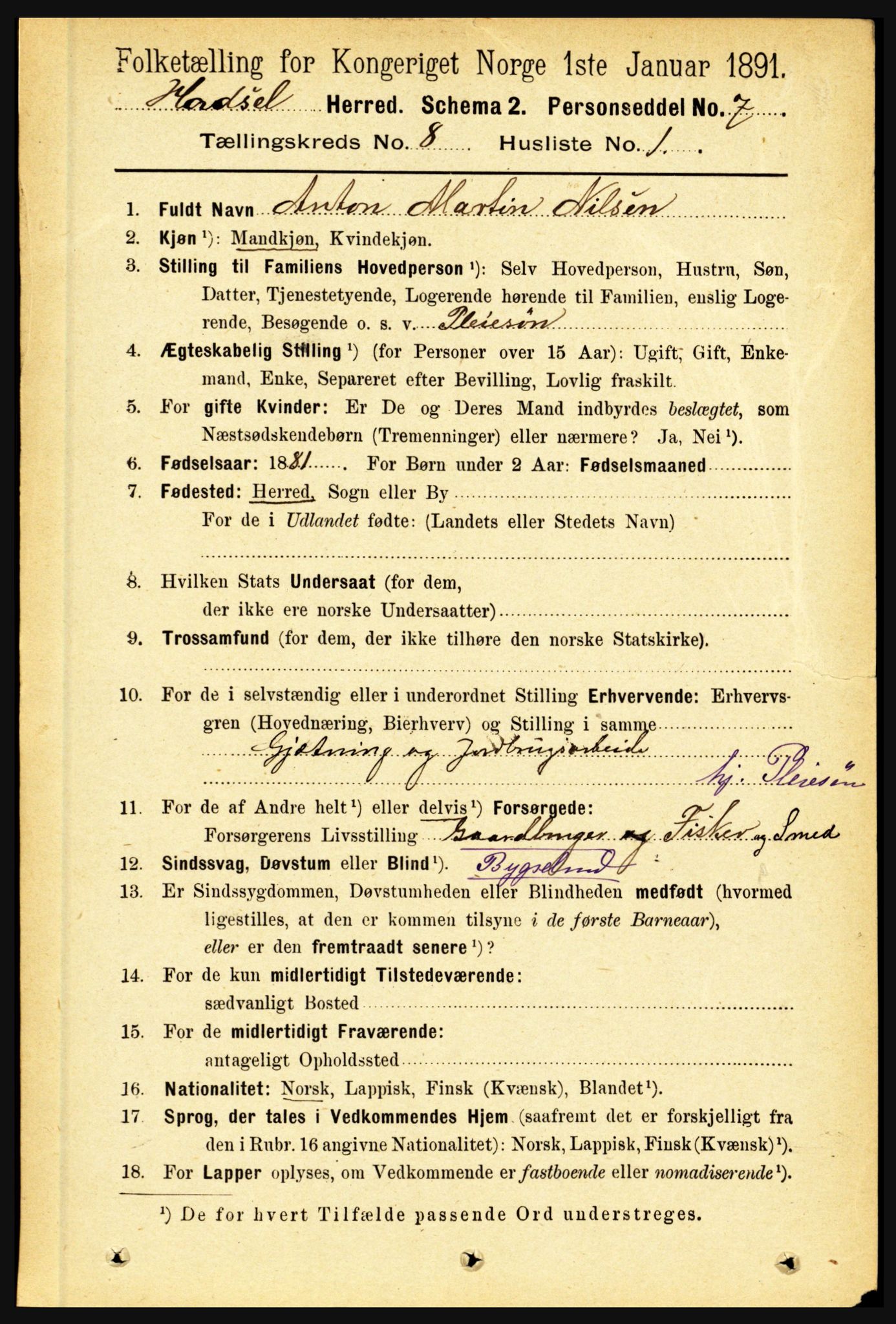 RA, 1891 census for 1866 Hadsel, 1891, p. 3583