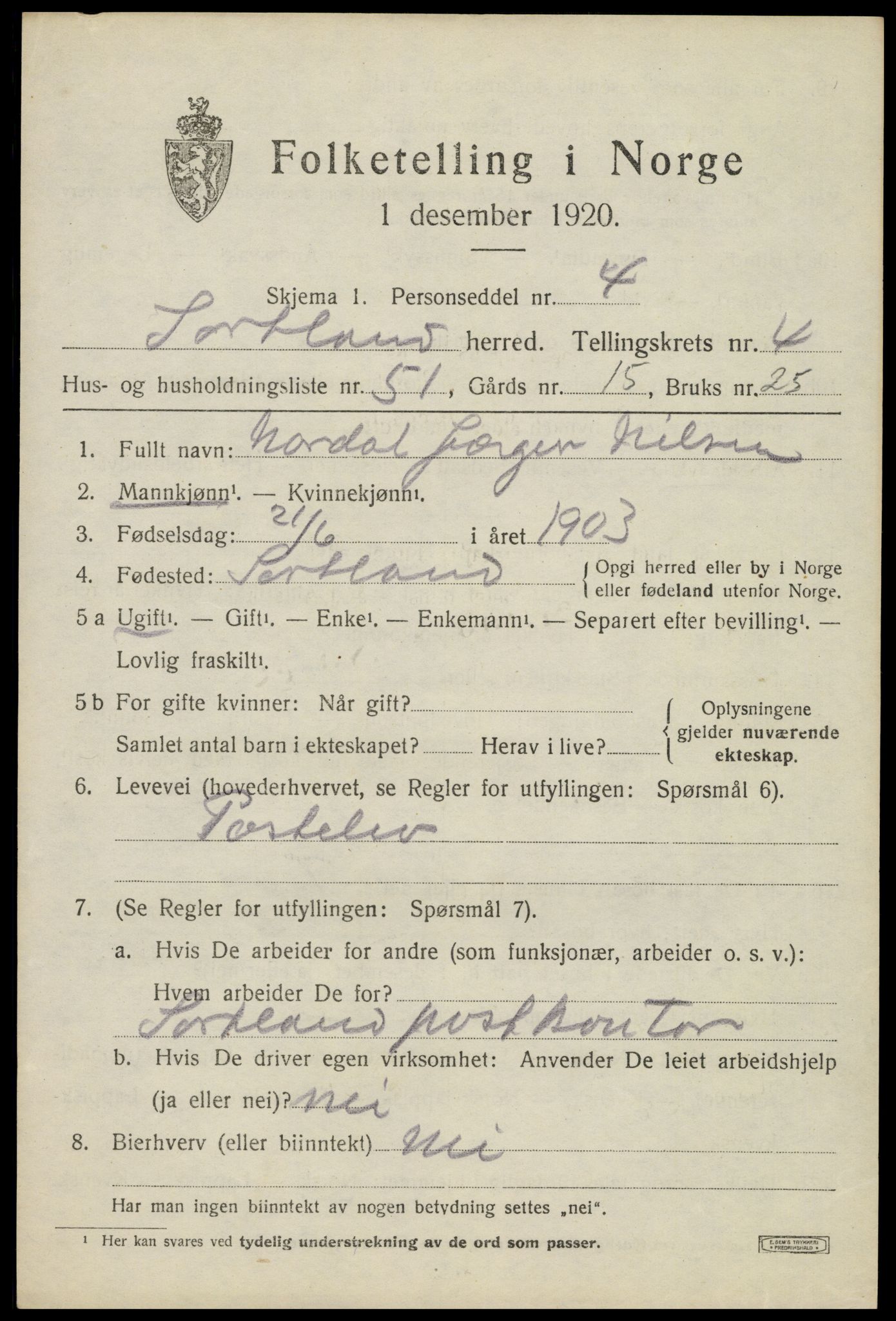 SAT, 1920 census for Sortland, 1920, p. 5468