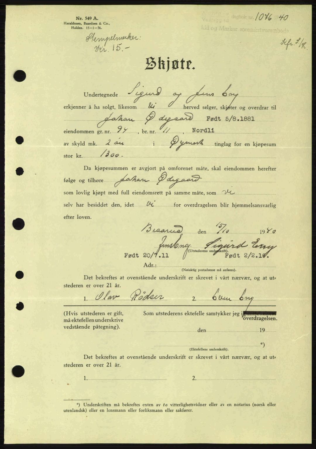 Idd og Marker sorenskriveri, AV/SAO-A-10283/G/Gb/Gbb/L0004: Mortgage book no. A4, 1940-1941, Diary no: : 1076/1940