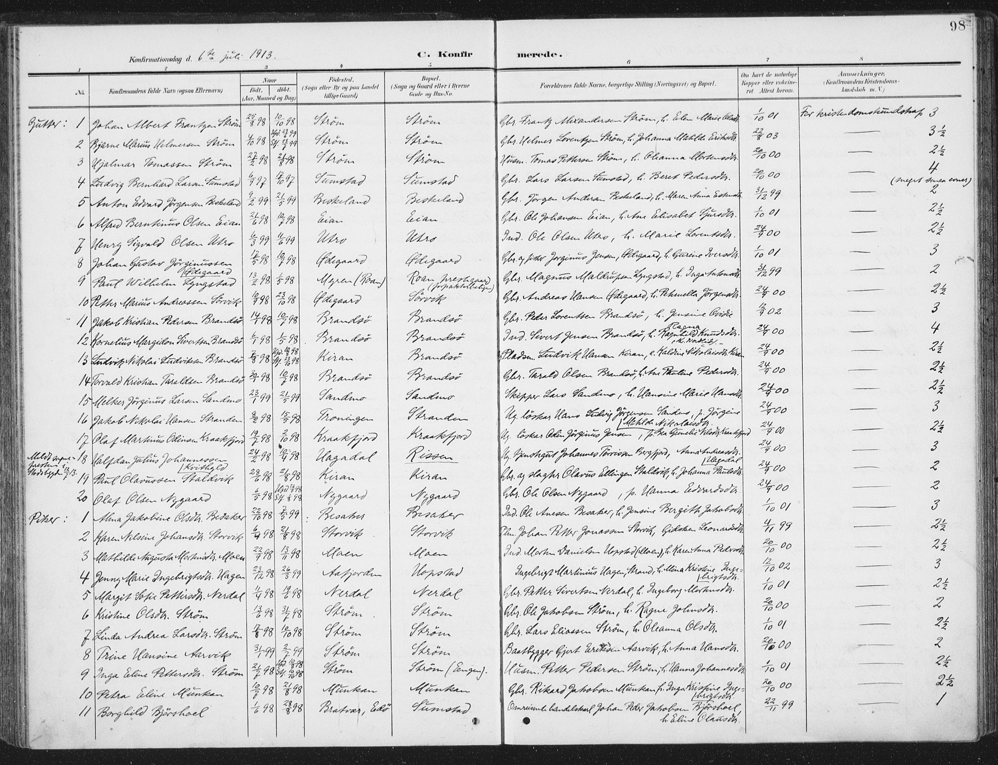 Ministerialprotokoller, klokkerbøker og fødselsregistre - Sør-Trøndelag, SAT/A-1456/657/L0709: Parish register (official) no. 657A10, 1905-1919, p. 98