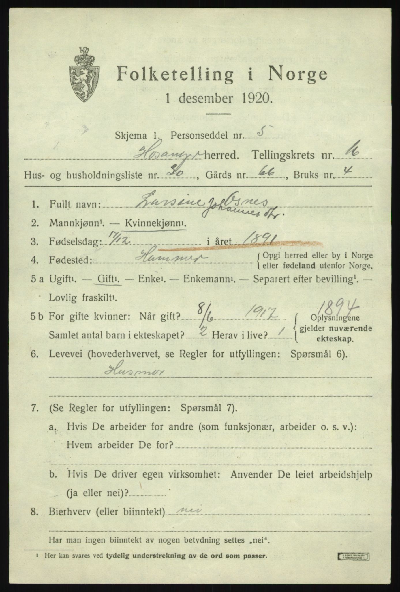 SAB, 1920 census for Hosanger, 1920, p. 6469