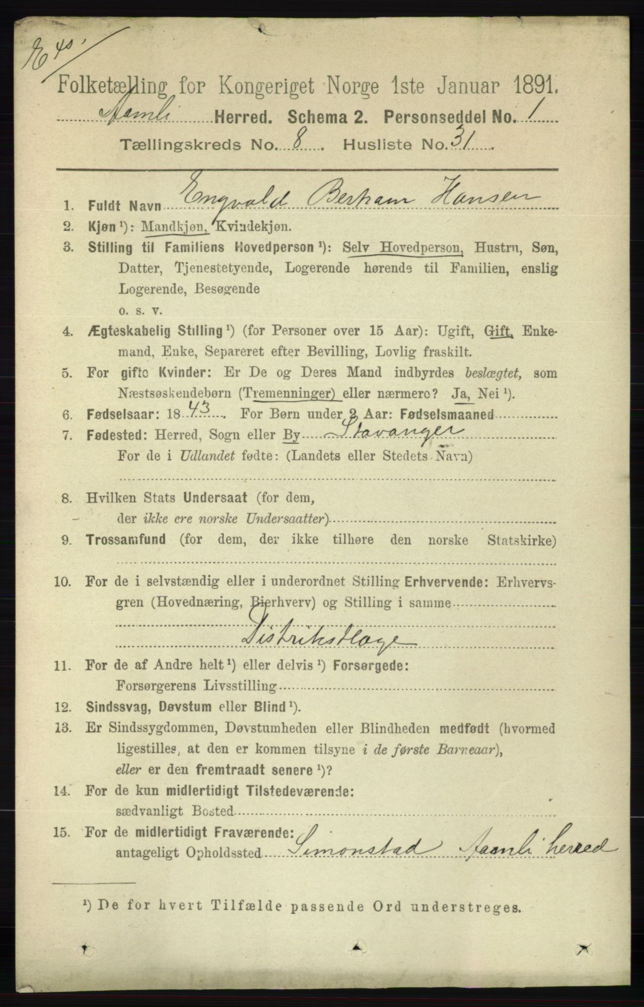 RA, Census 1891 for Nedenes amt: Gjenparter av personsedler for beslektede ektefeller, menn, 1891, p. 363