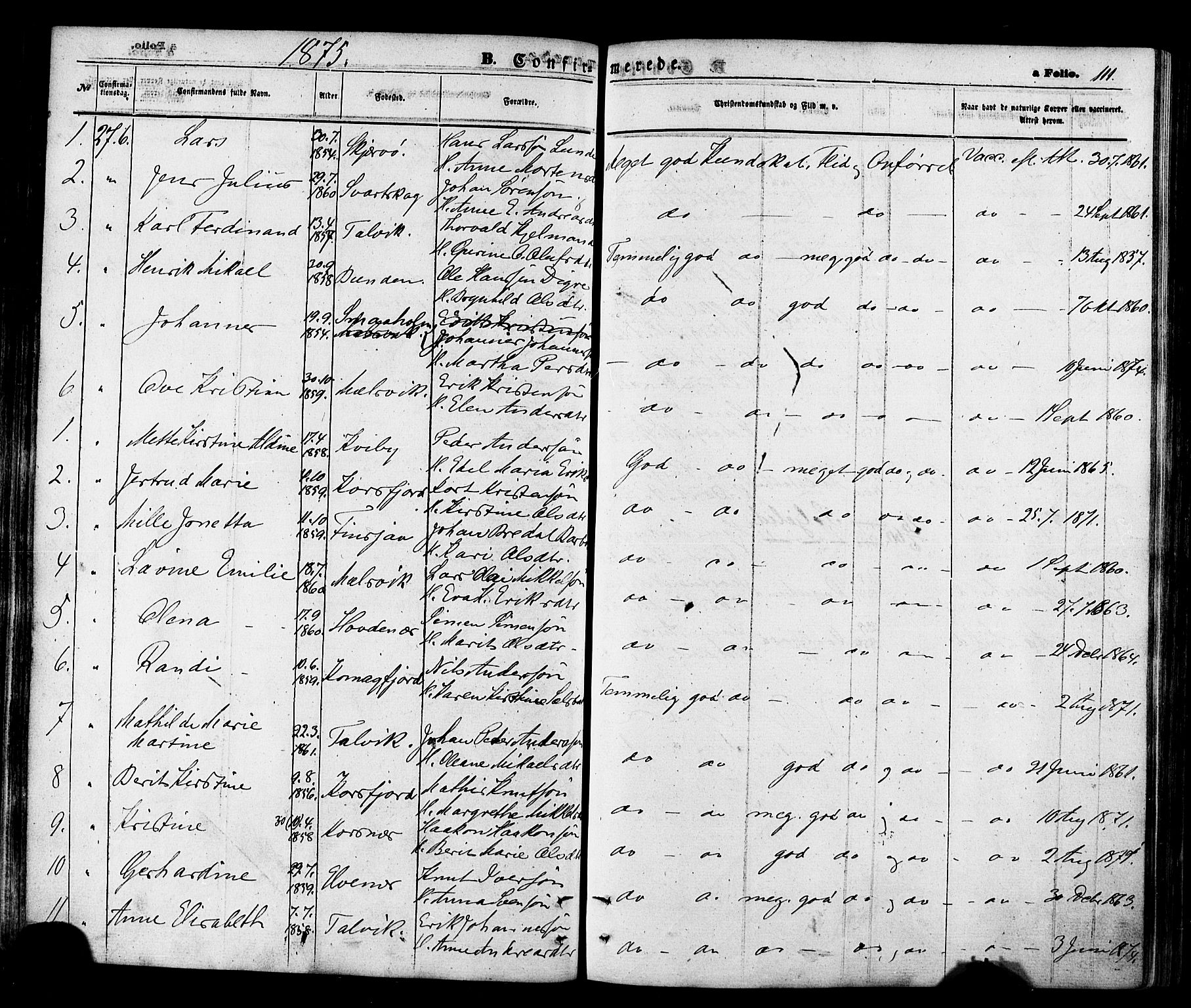 Talvik sokneprestkontor, SATØ/S-1337/H/Ha/L0011kirke: Parish register (official) no. 11, 1864-1877, p. 111