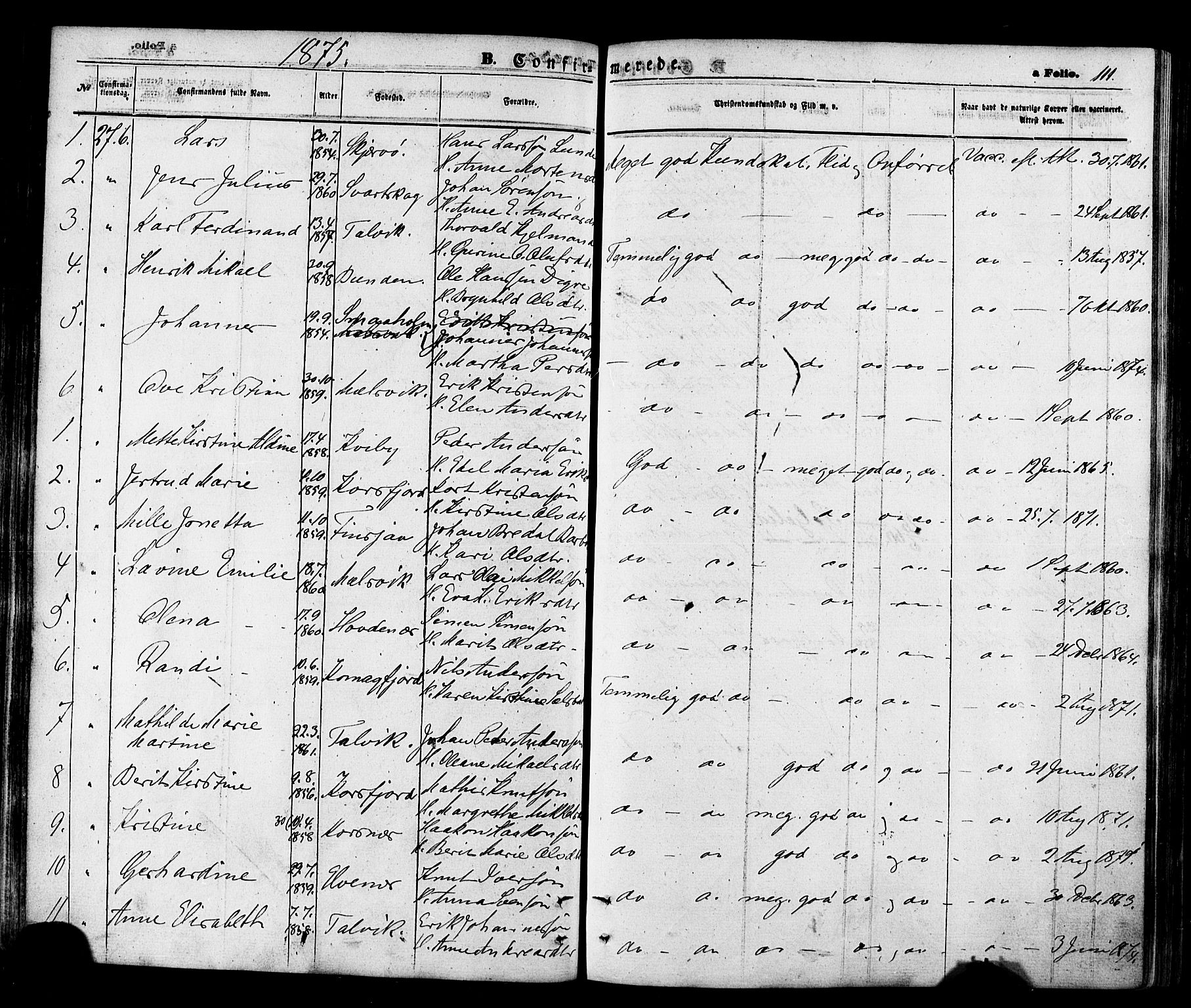 Talvik sokneprestkontor, AV/SATØ-S-1337/H/Ha/L0011kirke: Parish register (official) no. 11, 1864-1877, p. 111