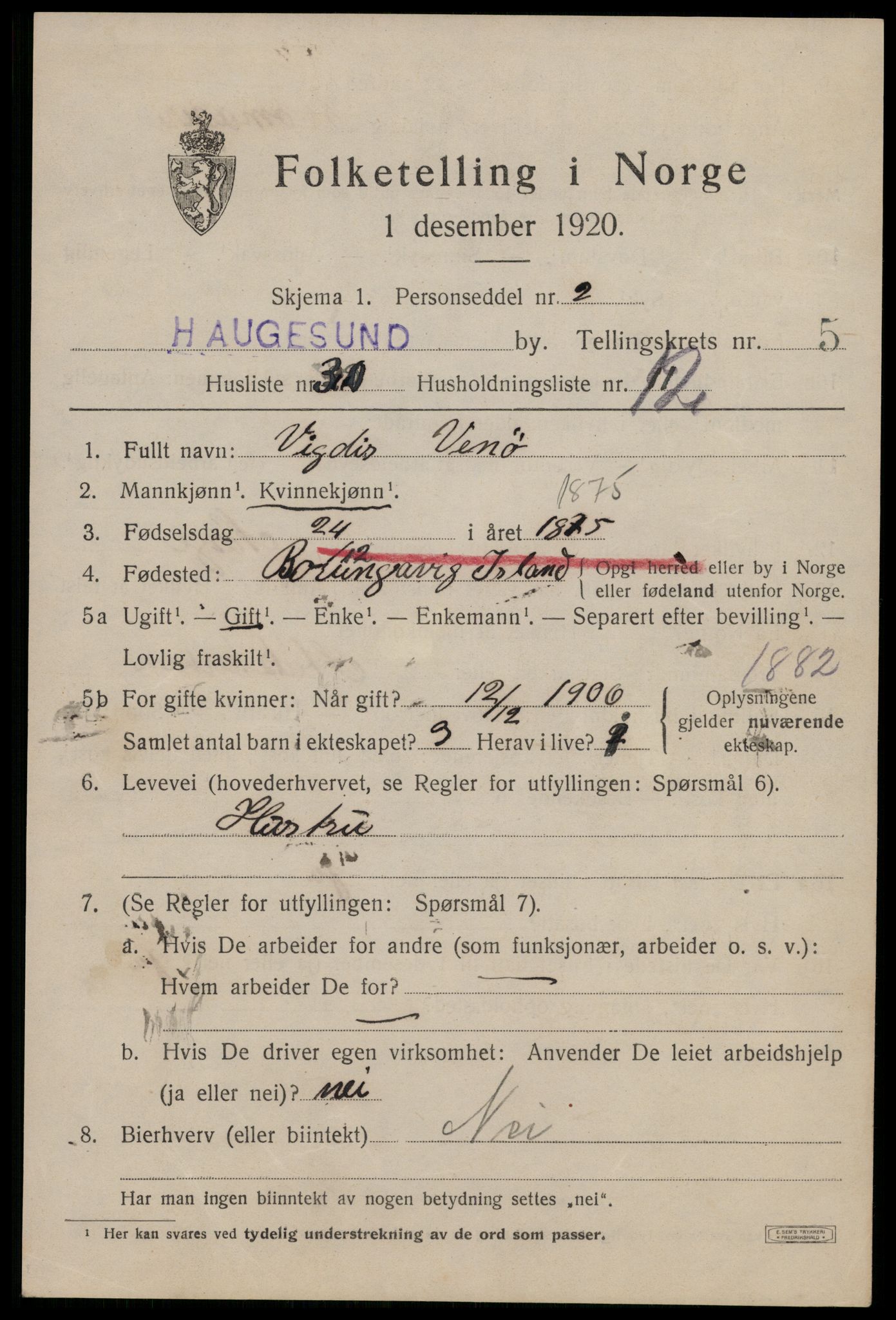 SAST, 1920 census for Haugesund, 1920, p. 18091