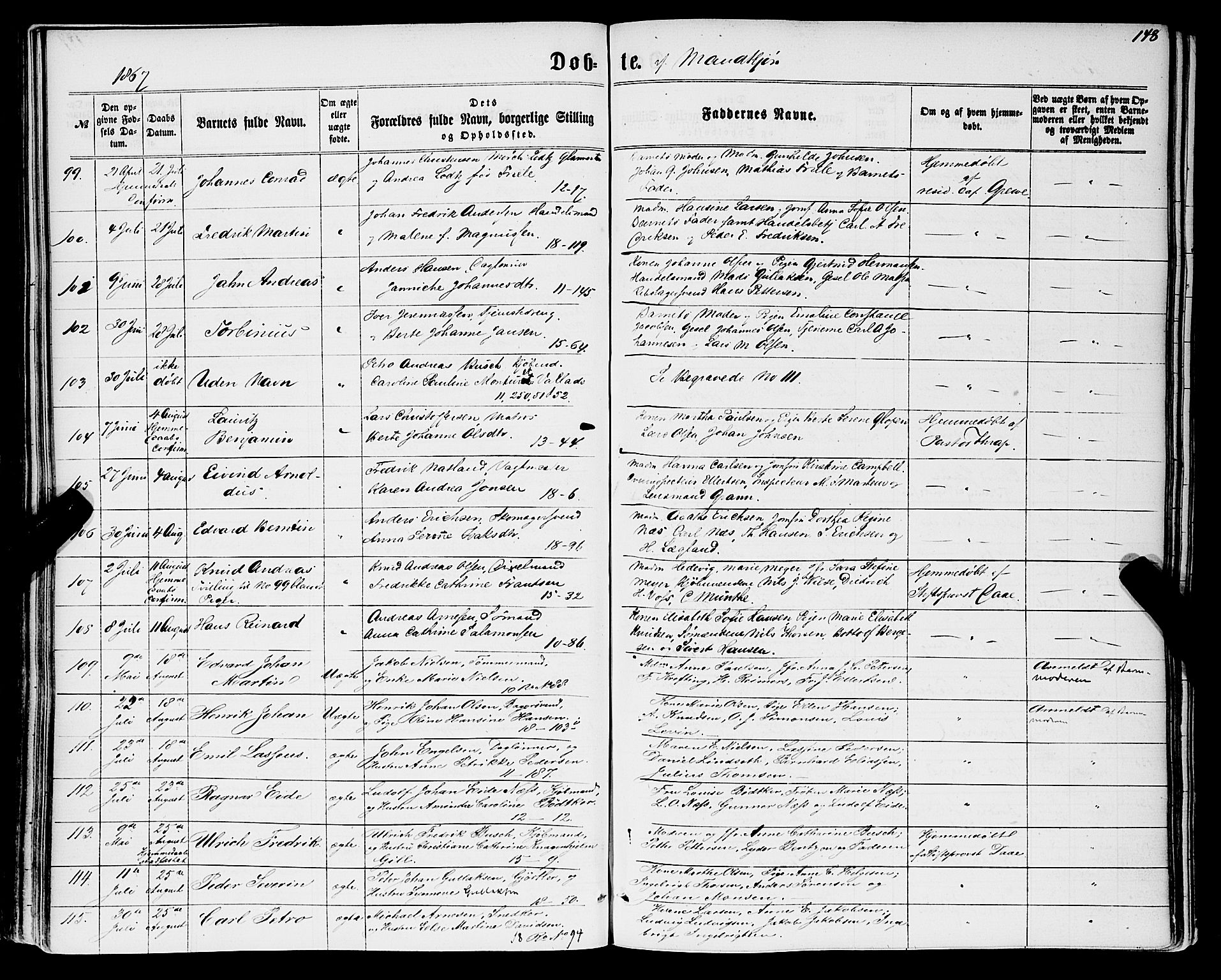 Domkirken sokneprestembete, SAB/A-74801/H/Haa/L0021: Parish register (official) no. B 4, 1859-1871, p. 148