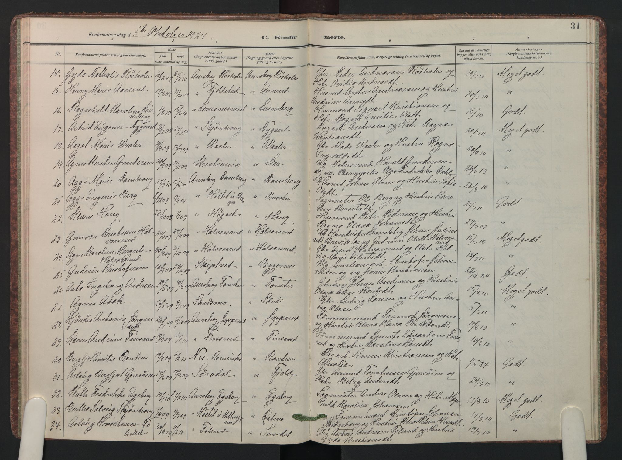 Aurskog prestekontor Kirkebøker, SAO/A-10304a/F/Fa/L0015: Parish register (official) no. I 15, 1915-1929, p. 31