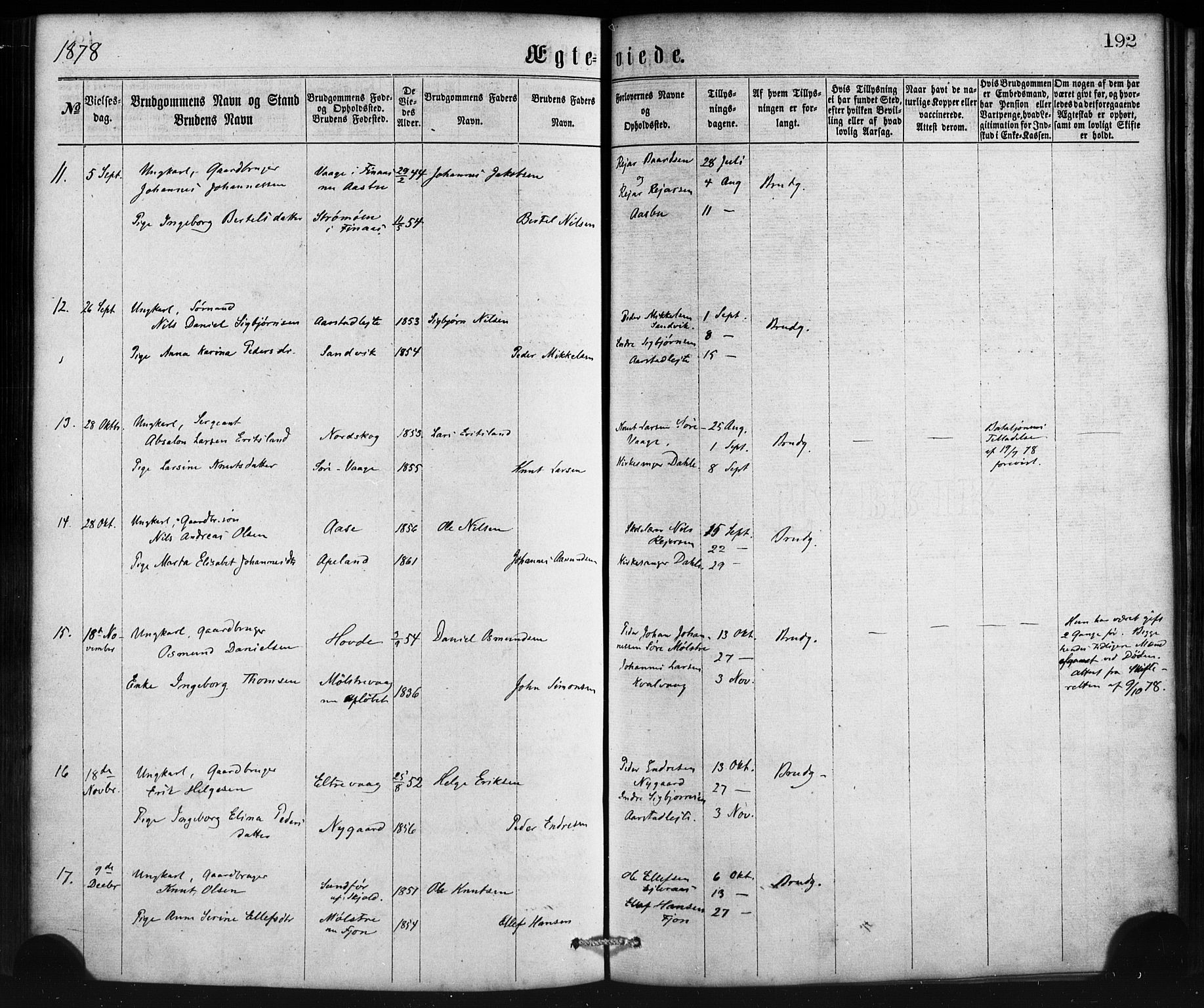 Sveio Sokneprestembete, AV/SAB-A-78501/H/Haa: Parish register (official) no. B 1, 1870-1883, p. 192