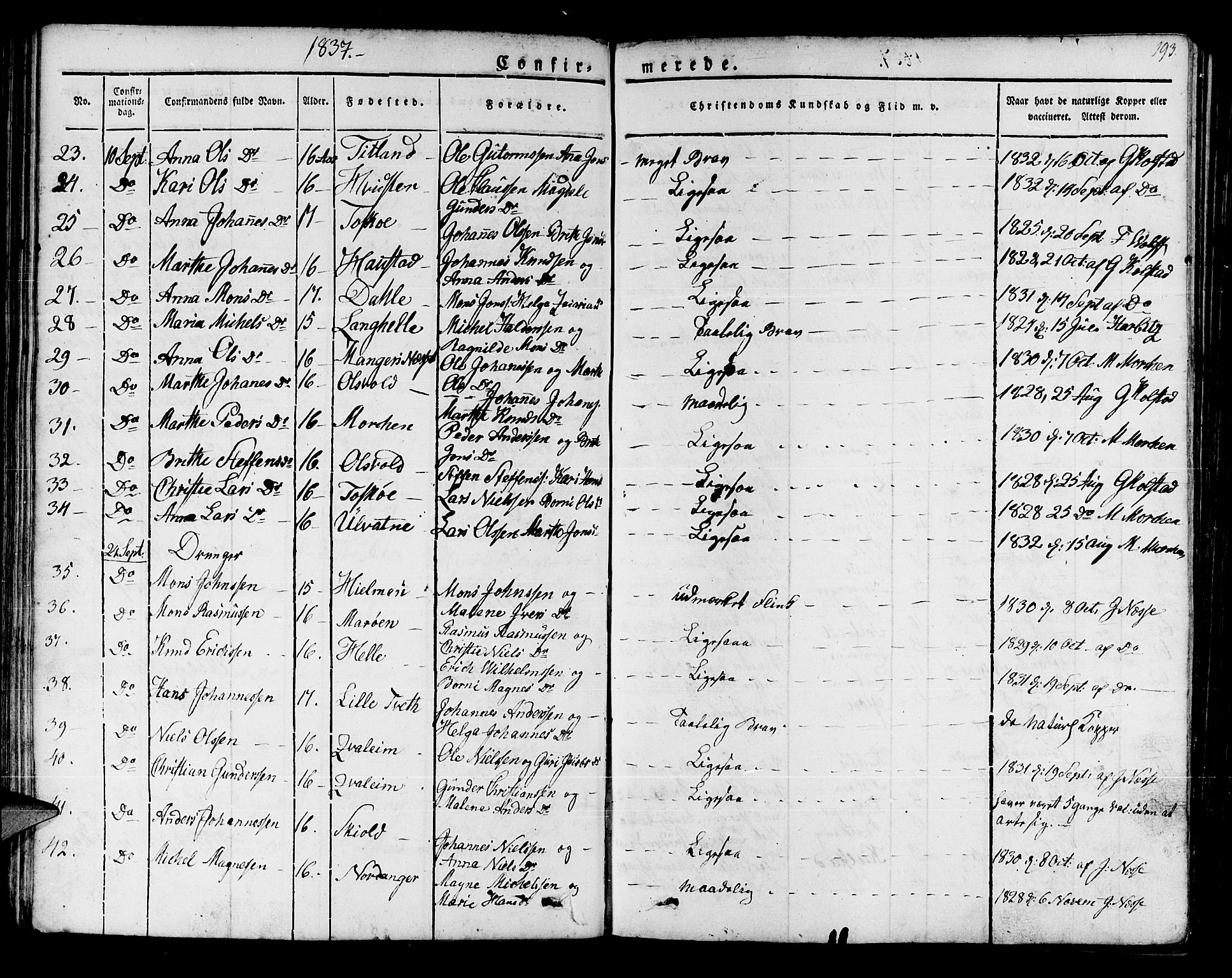 Manger sokneprestembete, AV/SAB-A-76801/H/Haa: Parish register (official) no. A 4, 1824-1838, p. 193