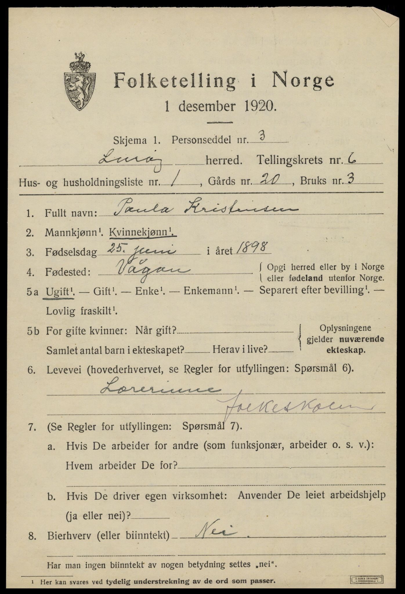 SAT, 1920 census for Lurøy, 1920, p. 3077