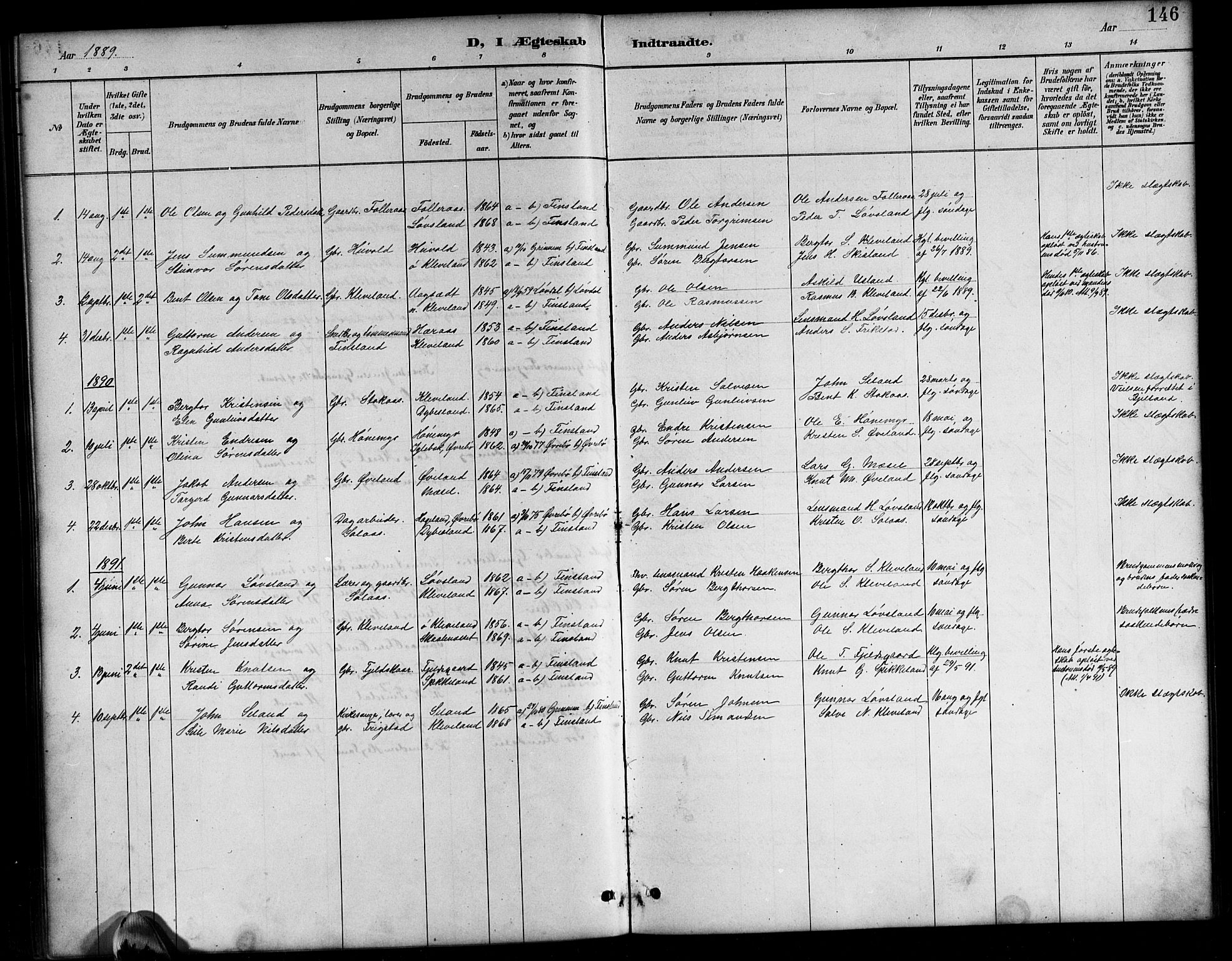 Bjelland sokneprestkontor, SAK/1111-0005/F/Fb/Fbb/L0005: Parish register (copy) no. B 5, 1887-1918, p. 146