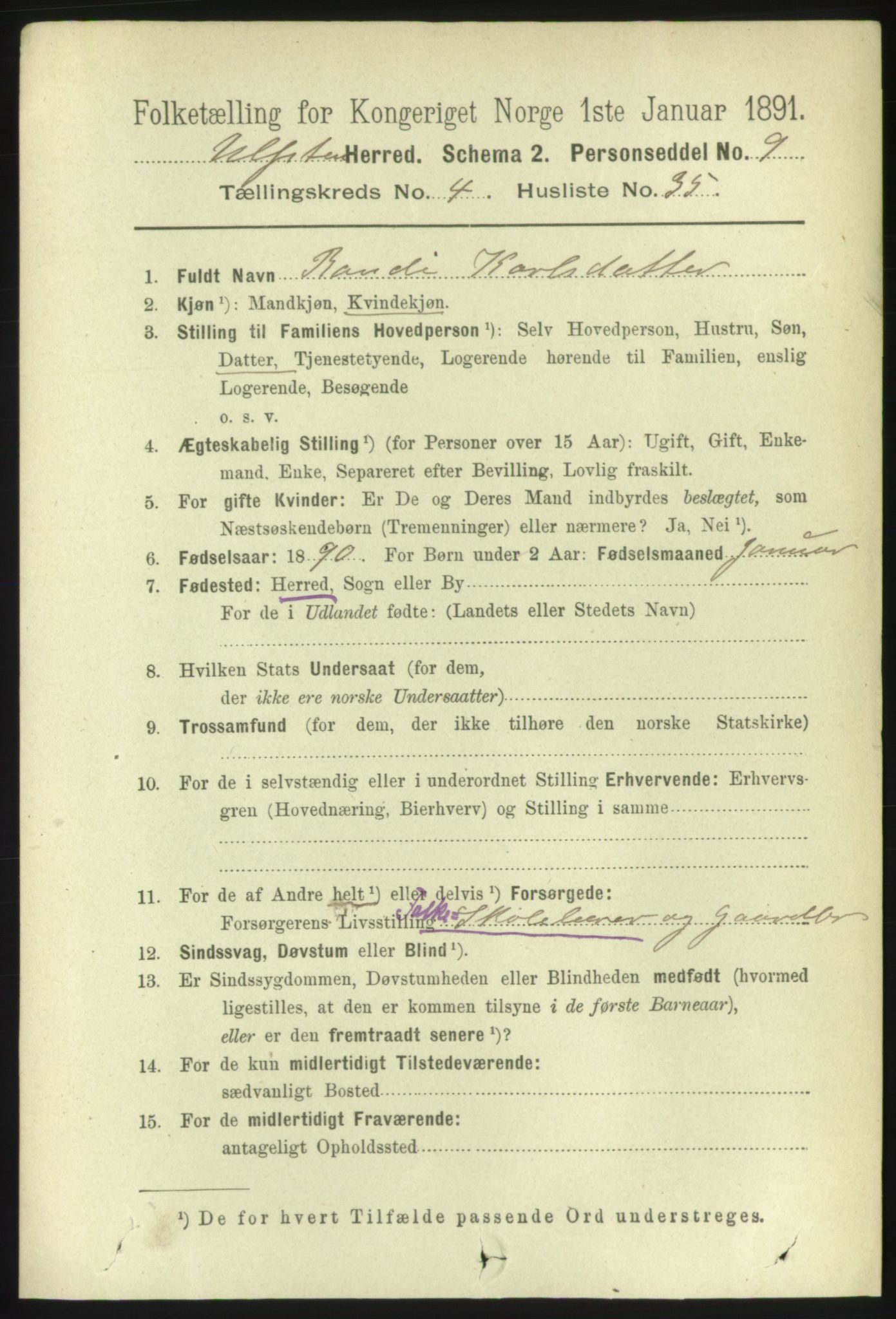 RA, 1891 census for 1516 Ulstein, 1891, p. 1187