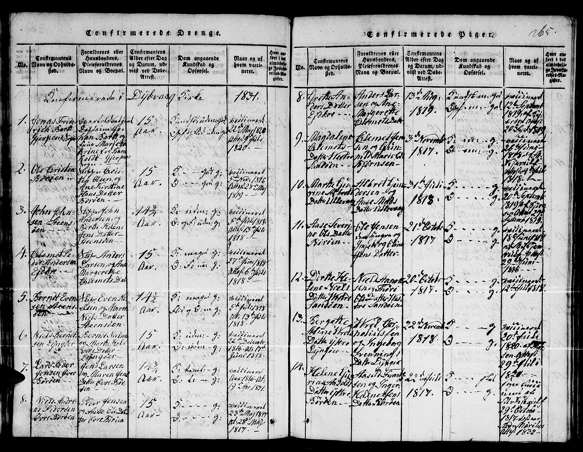 Dypvåg sokneprestkontor, SAK/1111-0007/F/Fb/Fba/L0009: Parish register (copy) no. B 9, 1816-1842, p. 265