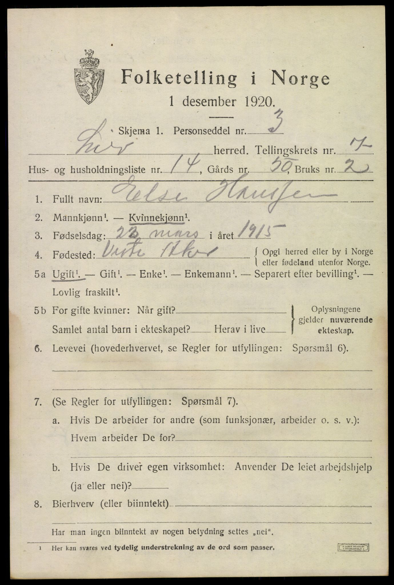 SAKO, 1920 census for Lier, 1920, p. 12678