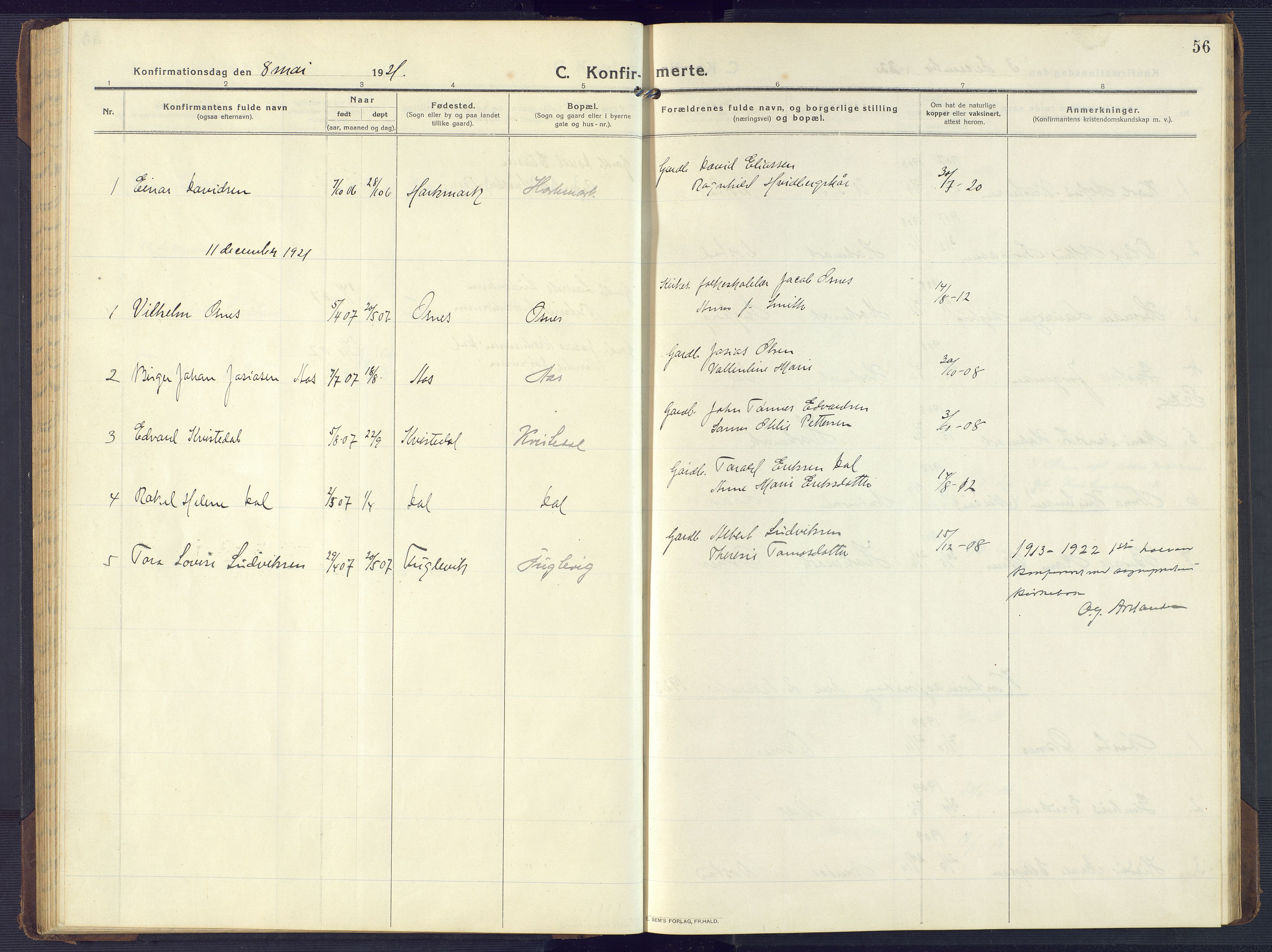 Mandal sokneprestkontor, SAK/1111-0030/F/Fb/Fbb/L0005: Parish register (copy) no. B 5, 1913-1957, p. 56