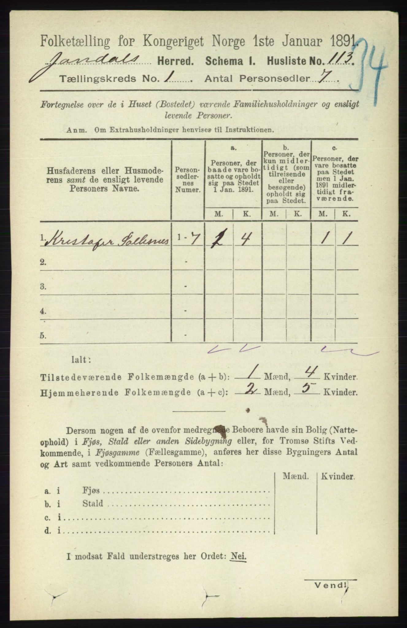 RA, 1891 census for 1227 Jondal, 1891, p. 129