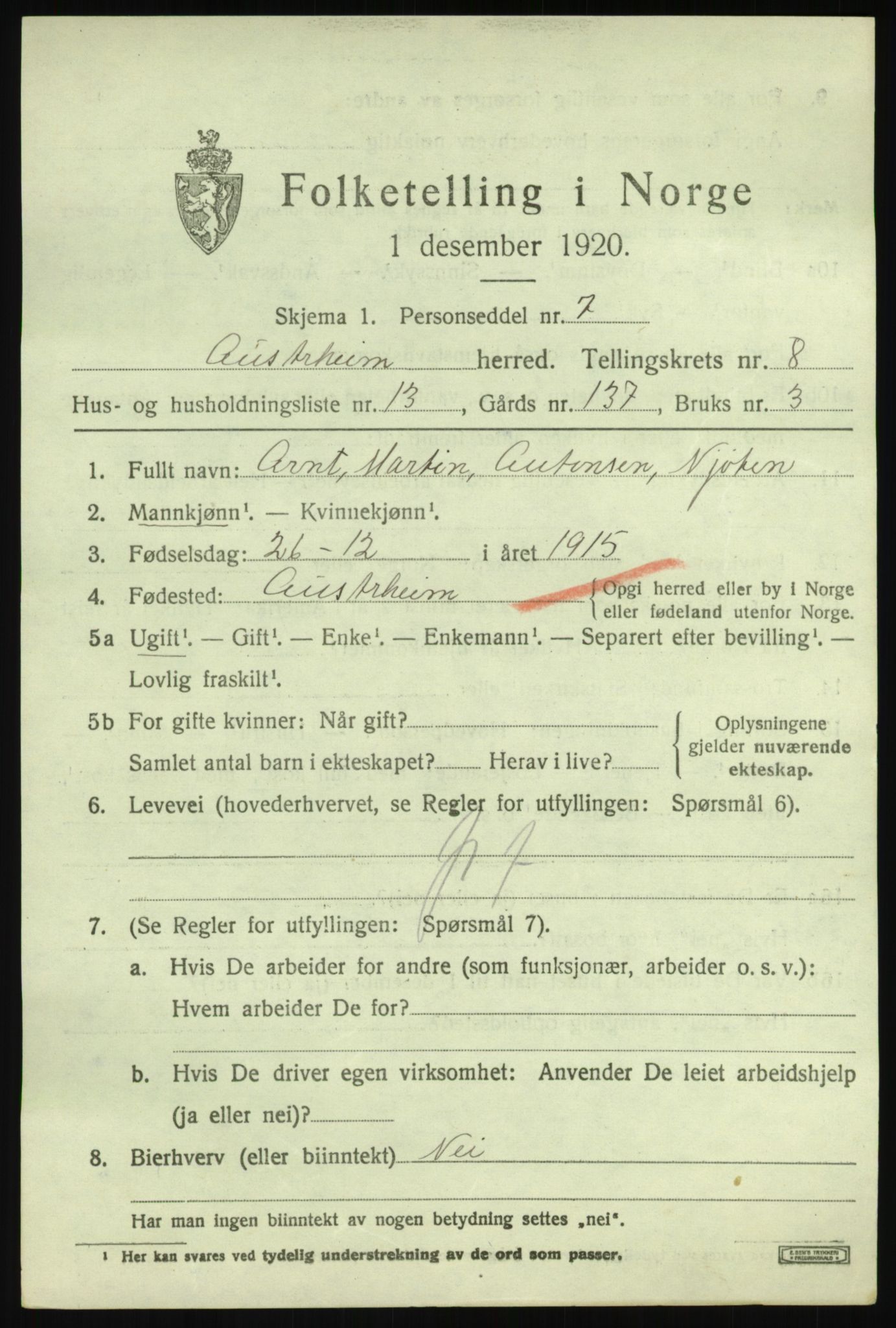 SAB, 1920 census for Austrheim, 1920, p. 3138