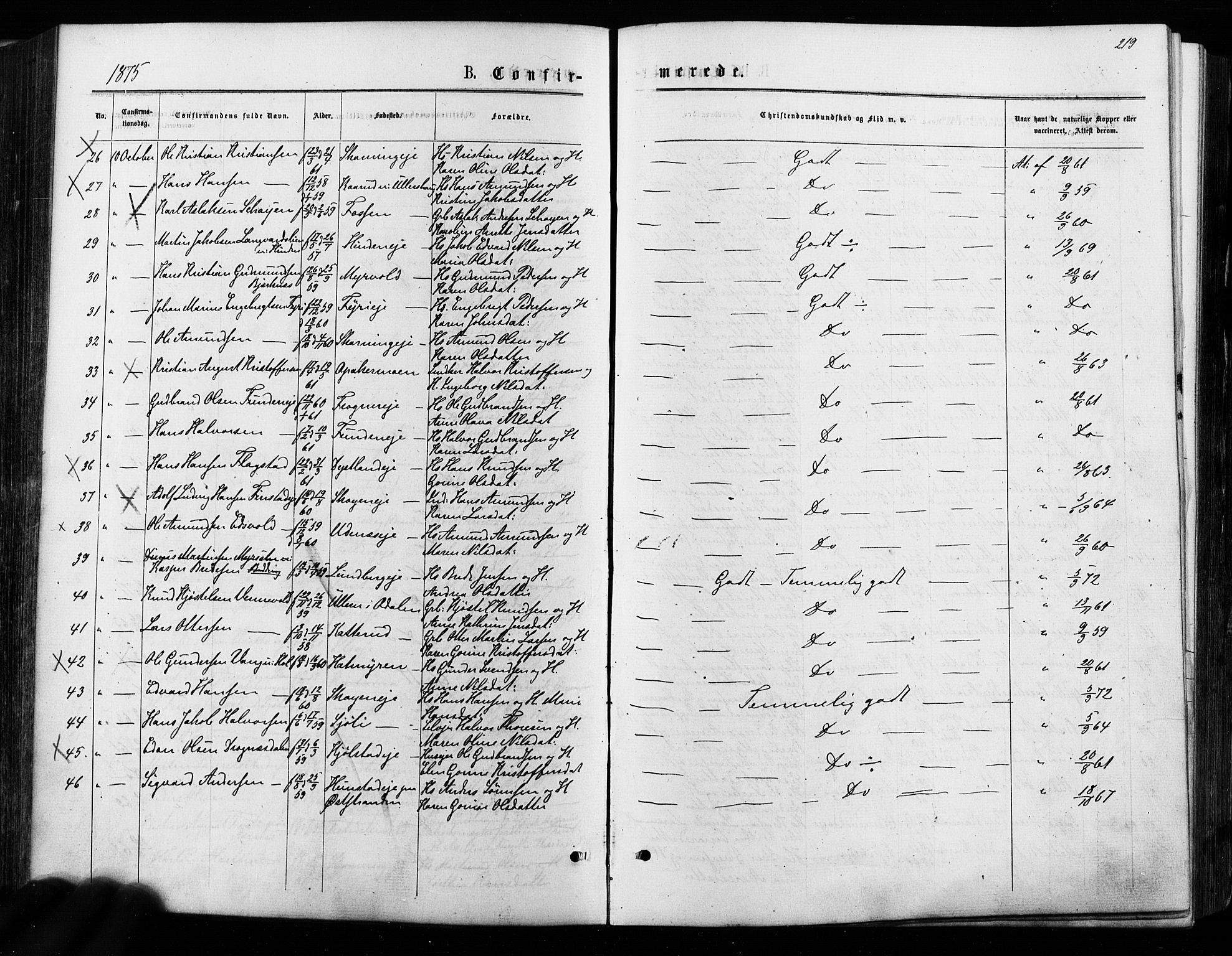 Nes prestekontor Kirkebøker, AV/SAO-A-10410/F/Fa/L0009: Parish register (official) no. I 9, 1875-1882, p. 219