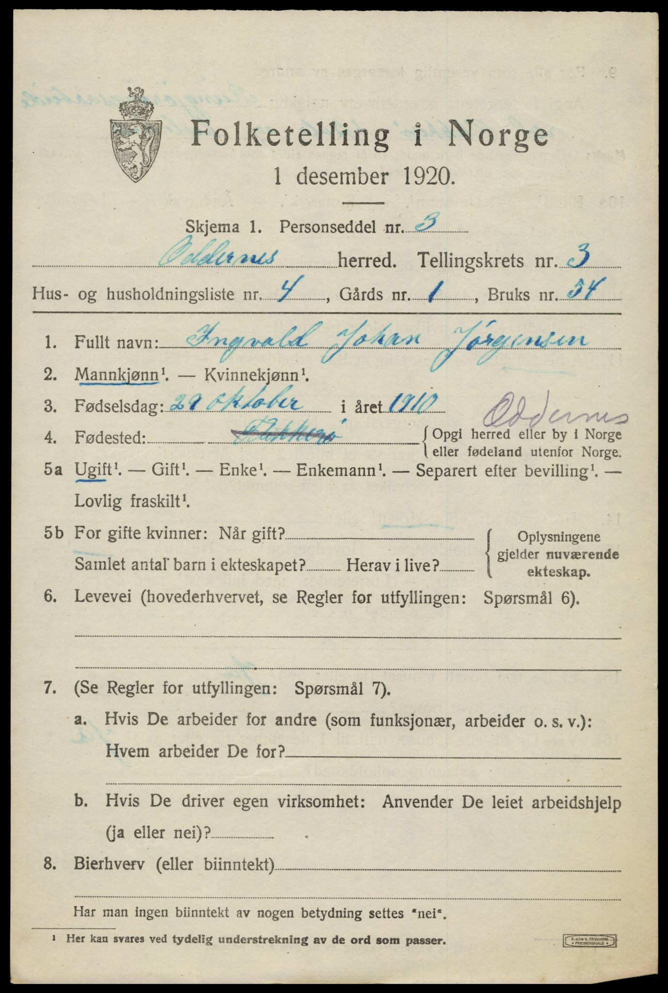 SAK, 1920 census for Oddernes, 1920, p. 3387