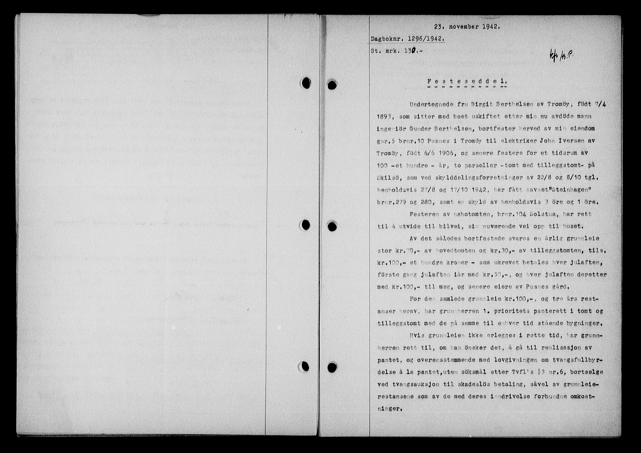 Nedenes sorenskriveri, SAK/1221-0006/G/Gb/Gba/L0050: Mortgage book no. A-IV, 1942-1943, Diary no: : 1296/1942