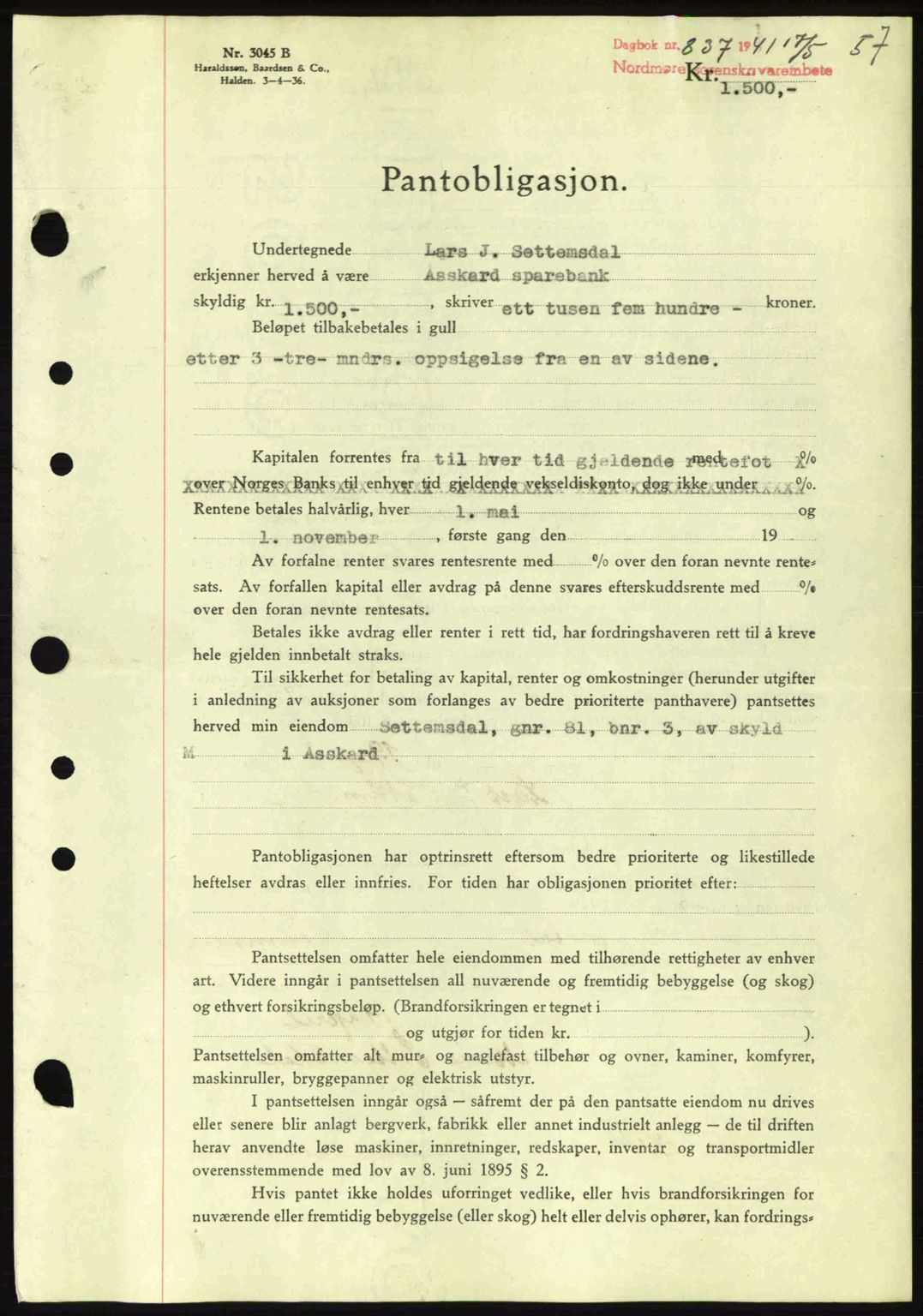 Nordmøre sorenskriveri, AV/SAT-A-4132/1/2/2Ca: Mortgage book no. B88, 1941-1942, Diary no: : 837/1941