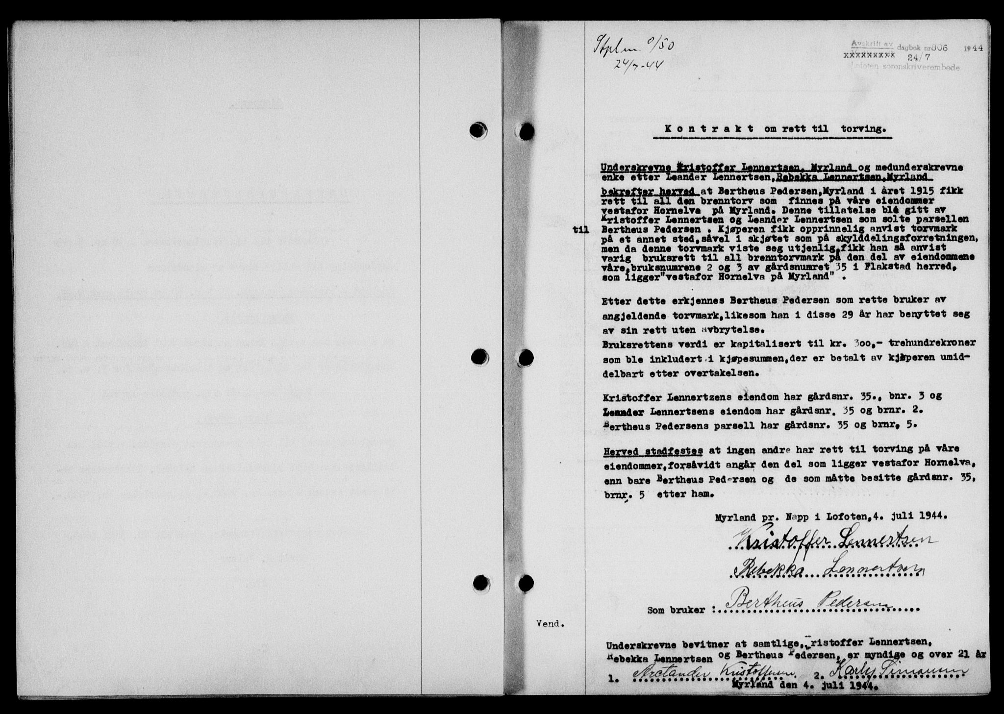 Lofoten sorenskriveri, SAT/A-0017/1/2/2C/L0012a: Mortgage book no. 12a, 1943-1944, Diary no: : 806/1944