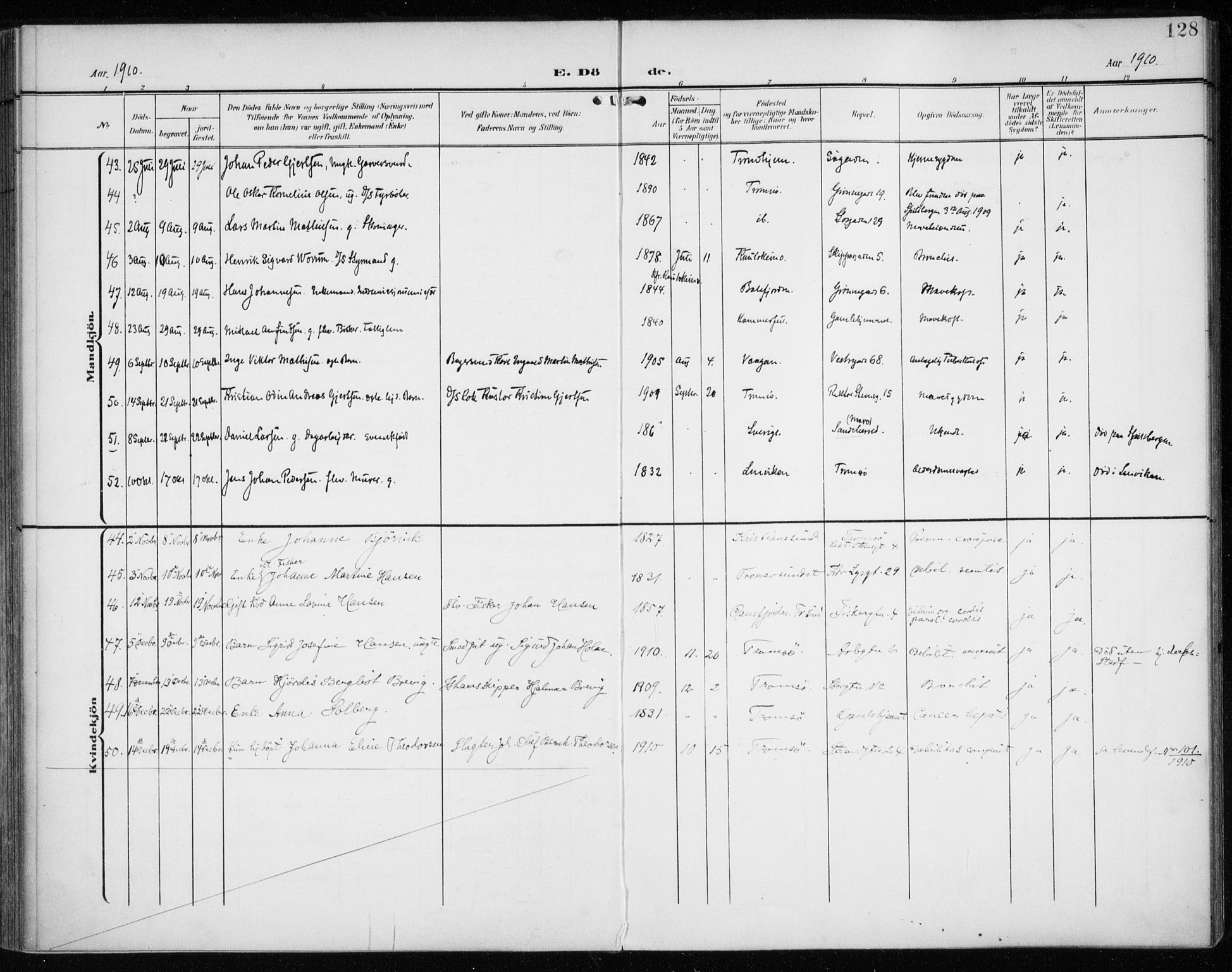 Tromsø sokneprestkontor/stiftsprosti/domprosti, SATØ/S-1343/G/Ga/L0018kirke: Parish register (official) no. 18, 1907-1917, p. 128