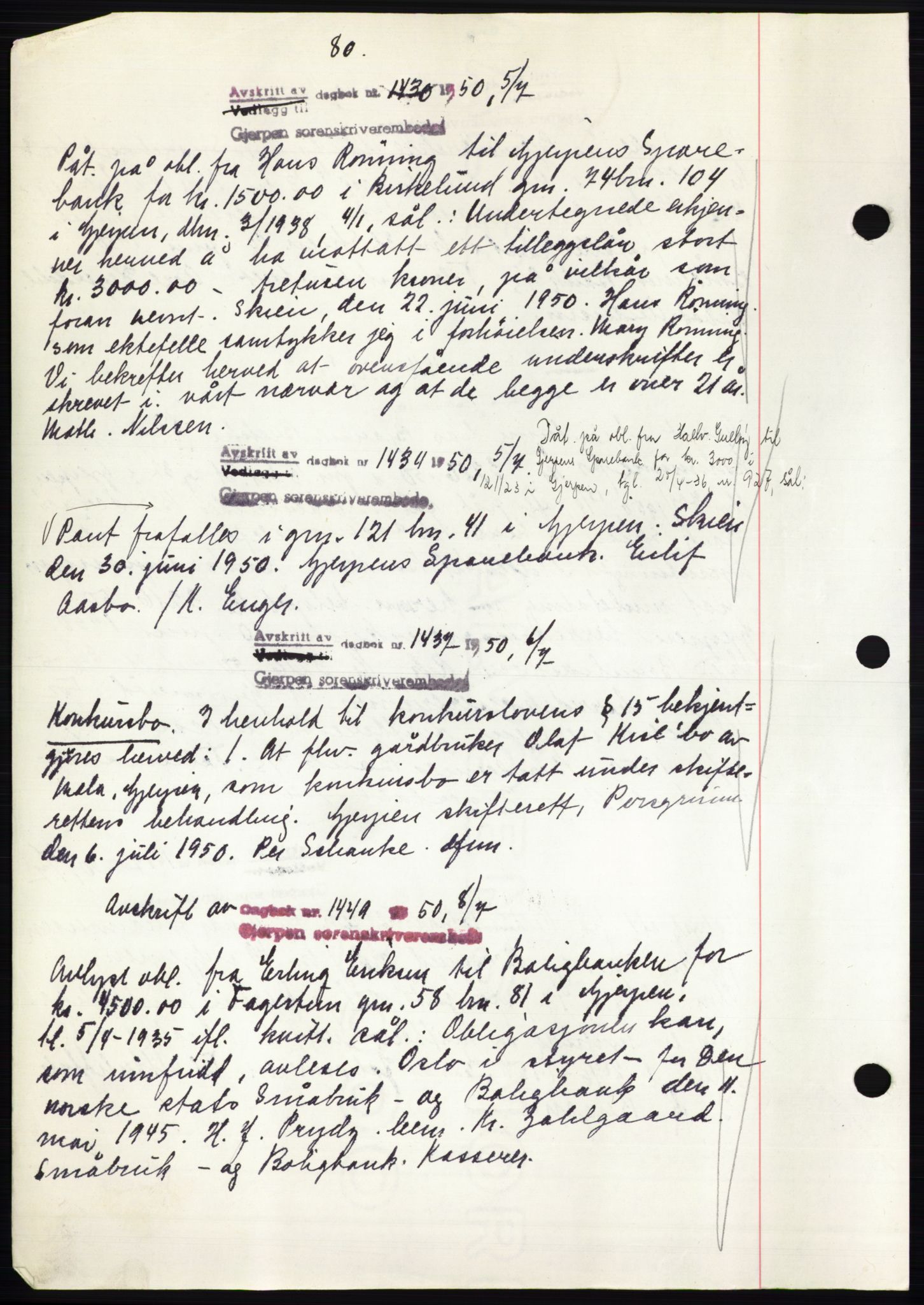 Gjerpen sorenskriveri, AV/SAKO-A-216/G/Ga/Gaf/L0009: Mortgage book no. B-84 - B-85, 1950-1950, Diary no: : 1430/1950